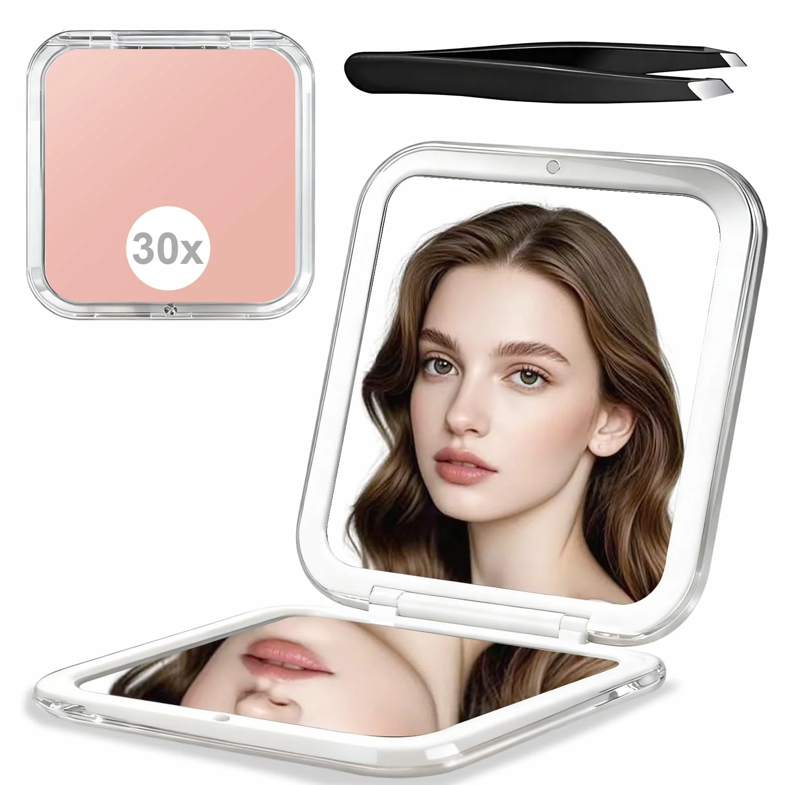 Specchio Ingranditore 30X Doppio Lato Portatile 8.5x8.5cm Pieghevole con Pinzette per Trucco