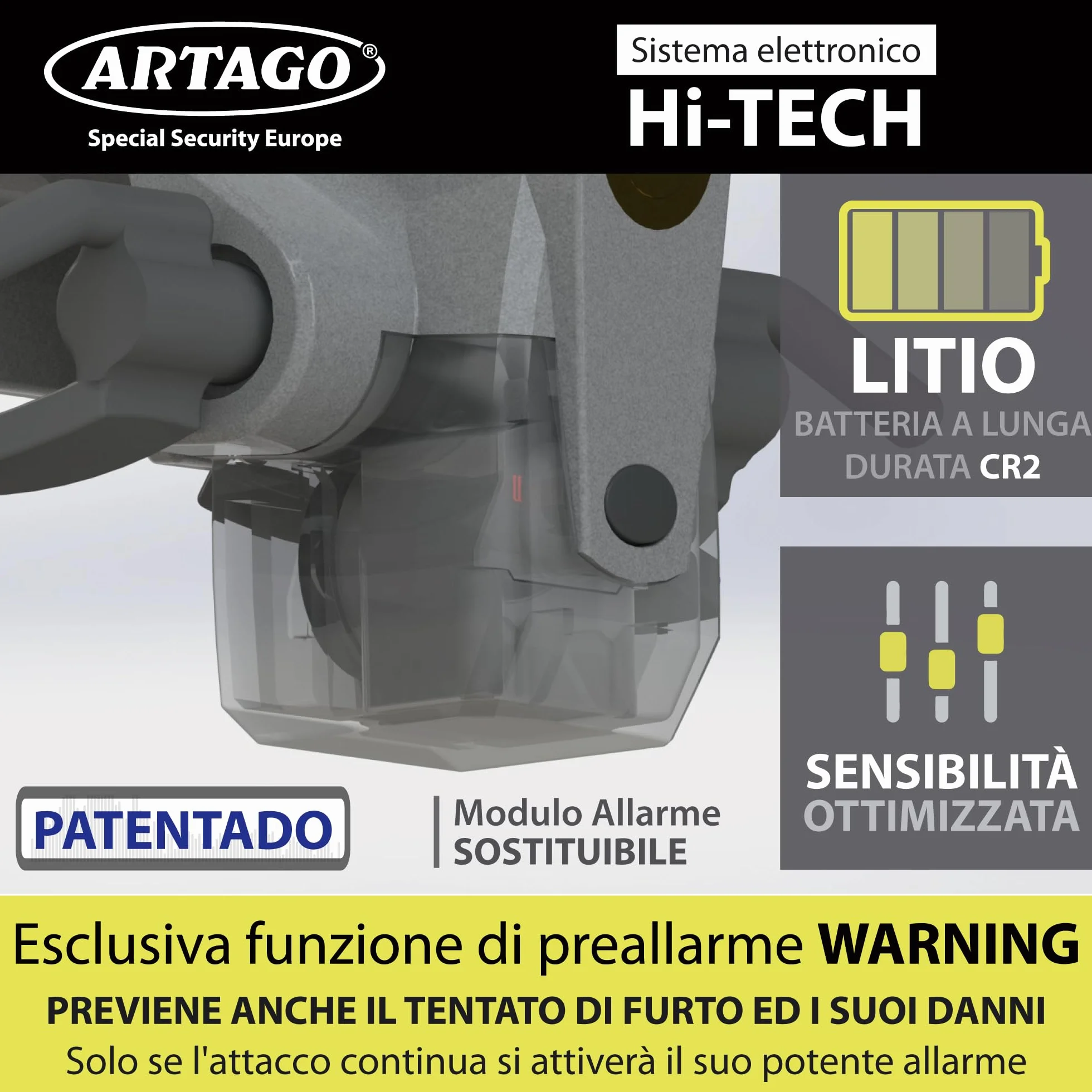 ARTAGO 870 Antifurto Auto Alta Gamma, Blocca Sterzo 2en1, Allarme Intelligente 120dB LED Notte, Bloccasterzo Meccanico Sonoro