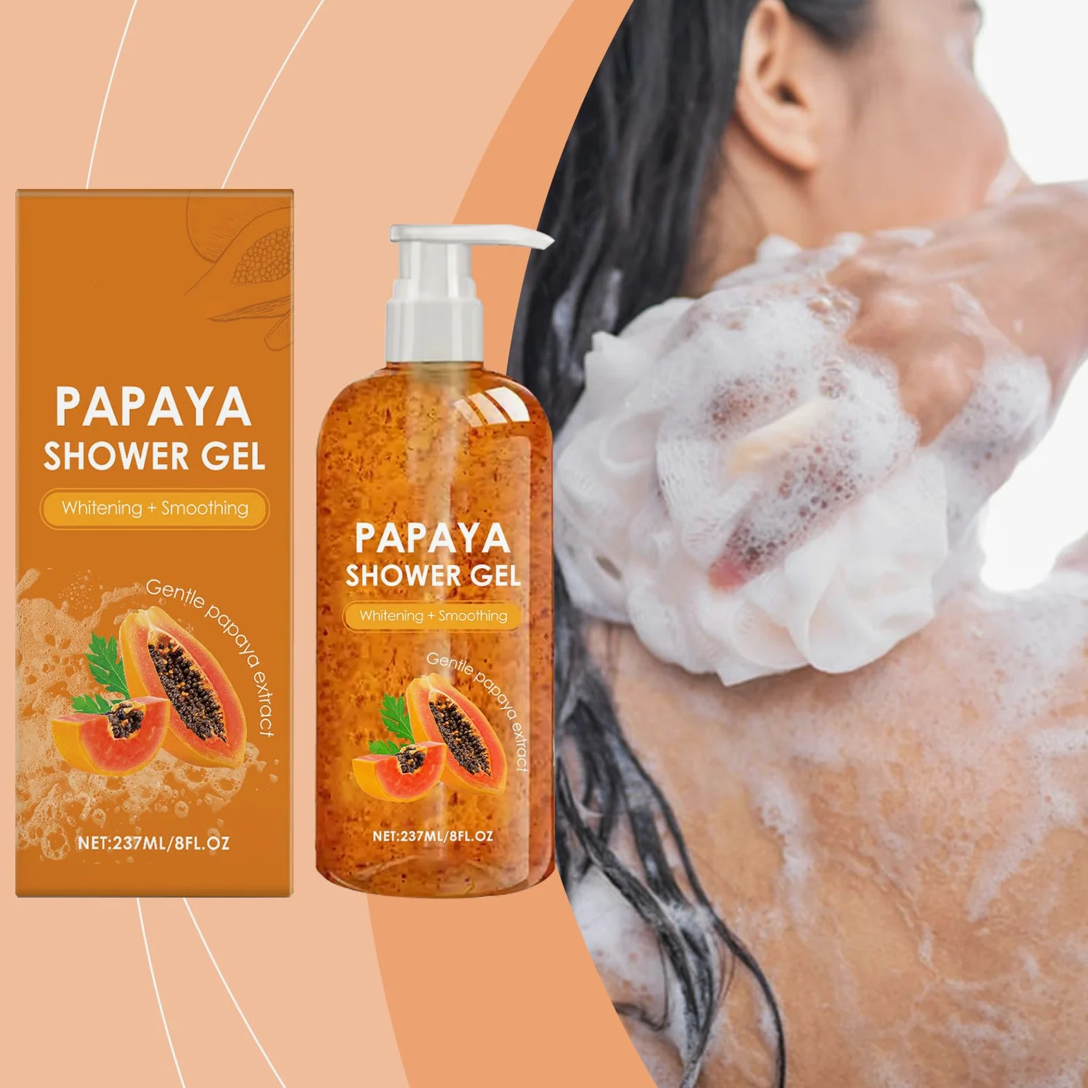 Gel doccia naturale Papaya con estratti vegetali per l'idratazione, detergente per il corpo leggero idratante, pulizia delicata e profumo rinfrescante, crea schiuma setosa (3 pezzi)