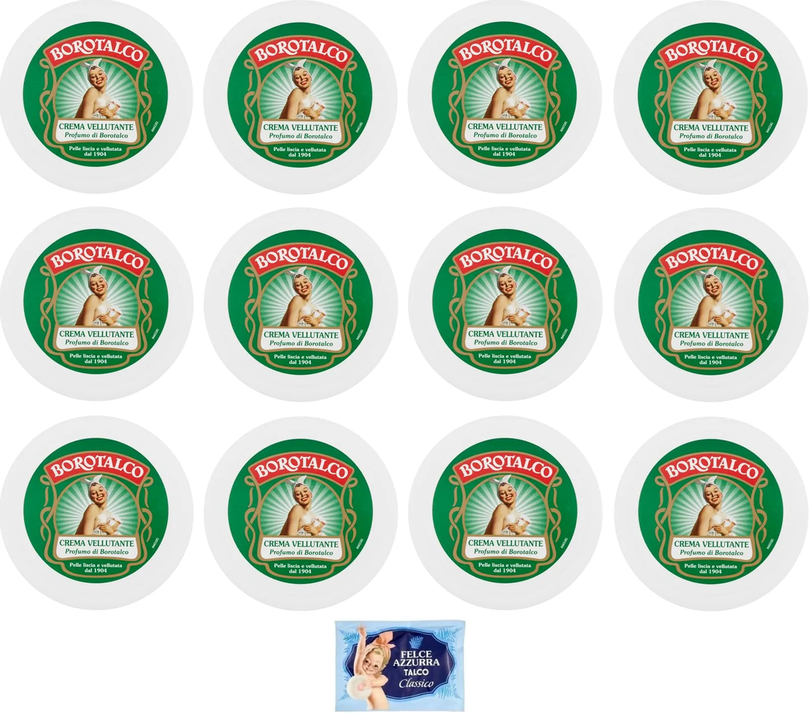 12x Borotalco - Crema Vellutante, Profumo di Borotalco, Pelle liscia e vellutata - 150ml + 1 Busta di Talco Felce Azzurra in omaggio da 100g