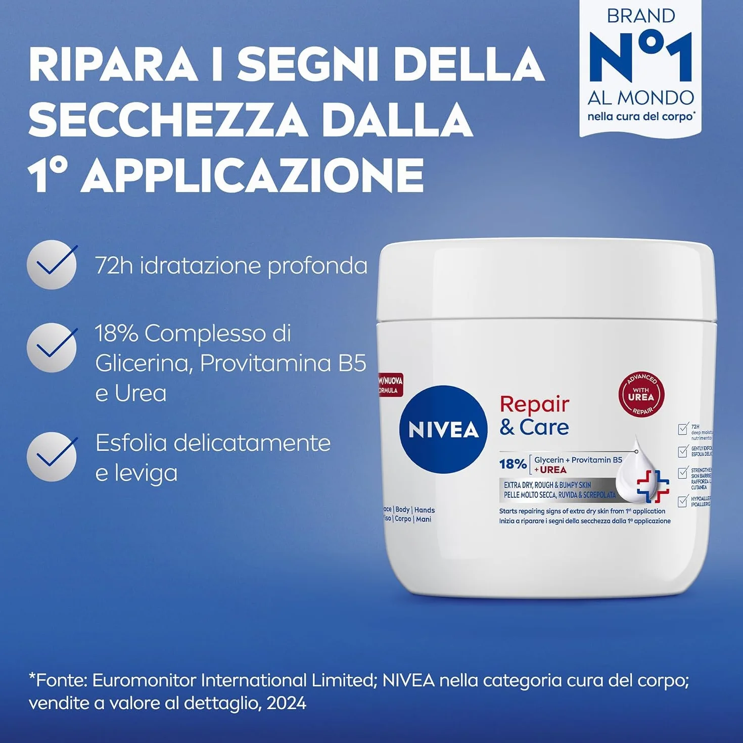 NIVEA Repair & Care Urea 400 ml, Crema corpo idratante pelle secca, molto secca, ruvida e screpolata, Crema multiuso per corpo, viso e mani nutriente 72H con 15% Glicerina e Urea
