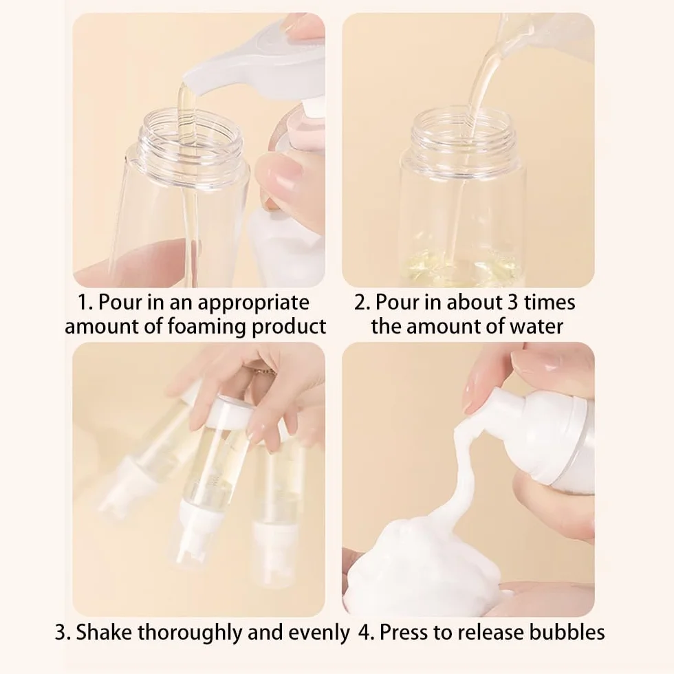 Confezione da 3 Flaconi Schiuma da Viaggio, 60ml - Dispenser Ricaricabili in Plastica Trasparente, Ideali per Sapone, Shampoo e Lavaggio Viso, Pratici e Compatti