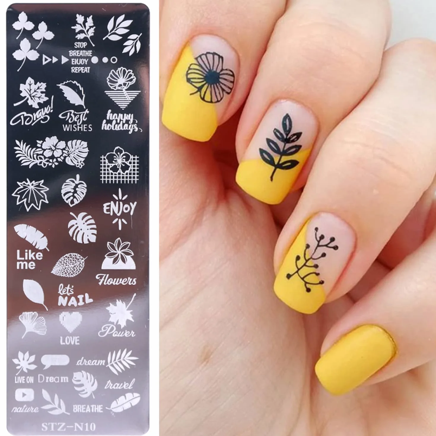 Set di 6 piastre per nail art, con 1 timbro trasparente, 1 raschietto (acchiappasogni, erba, motivi, foglie, coniglio, gatto)