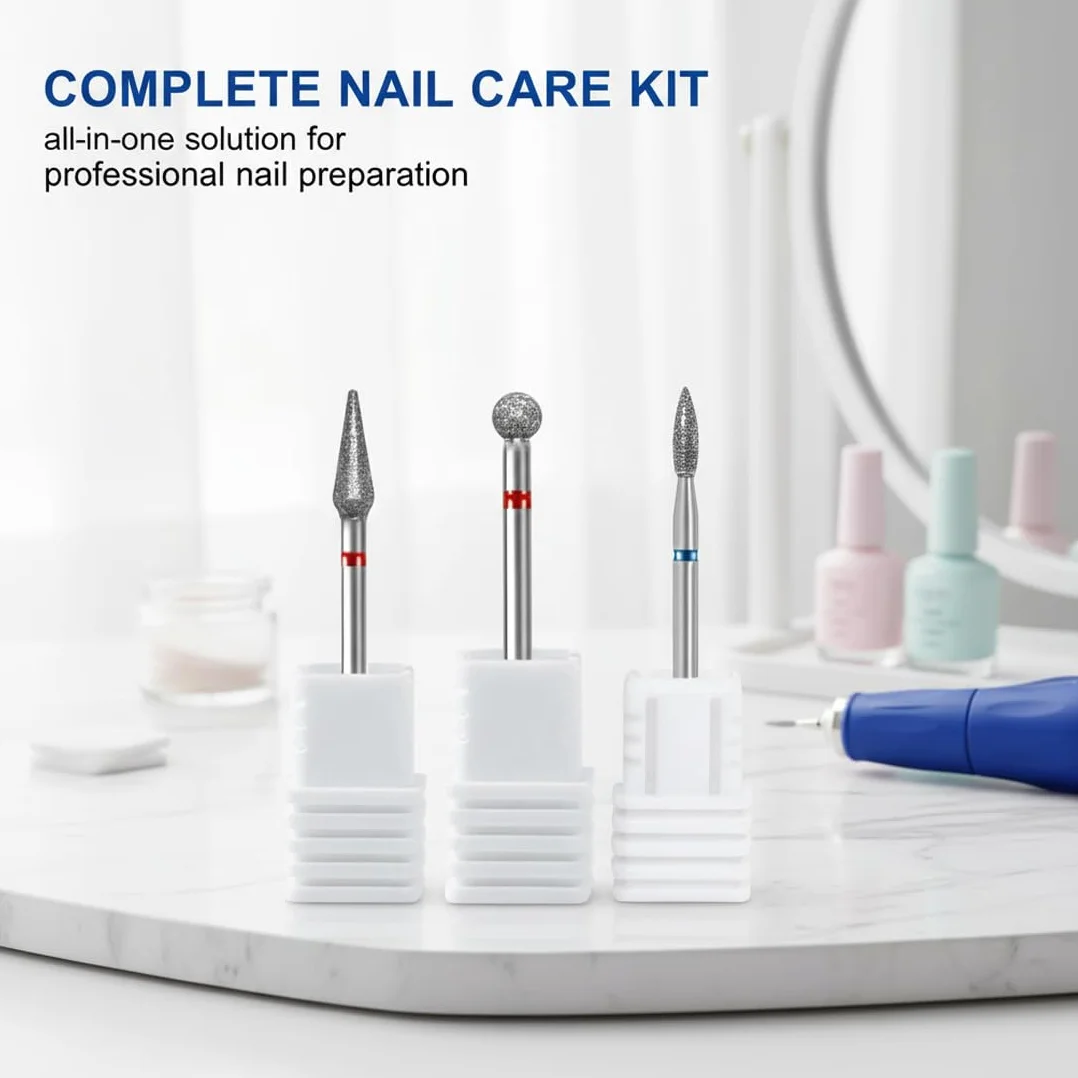 Frese per Unghie in Diamante Set Completo Preparazione Unghie Rimozione Cuticole 3 PCS