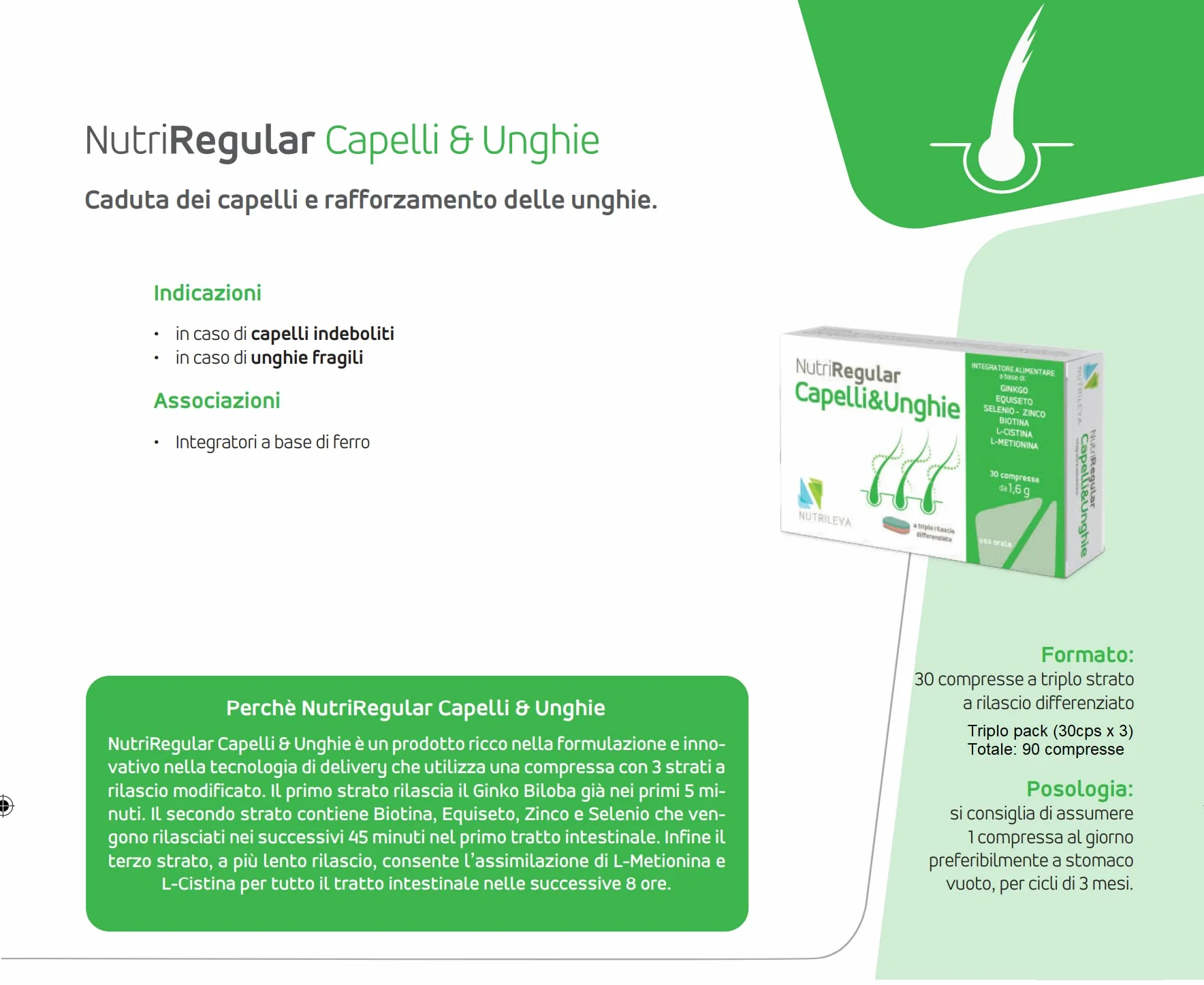 Nutriregular Capelli e Unghie, 90 compresse - Integratore Naturale Migliora la Crescita, Volume, Forza Capelli - Azione Rinforzante Unghie - Con Zinco, Selenio, Biotina, Ginko, Equiseto - Nutrileya