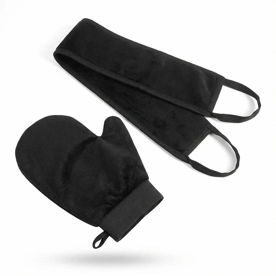 Set 2 Pezzi: Guanti Autoabbronzanti, Applicatore per Schiena, Applicatore Viso, Guanti Esfolianti, Guanti per Crema Solare (Nero)