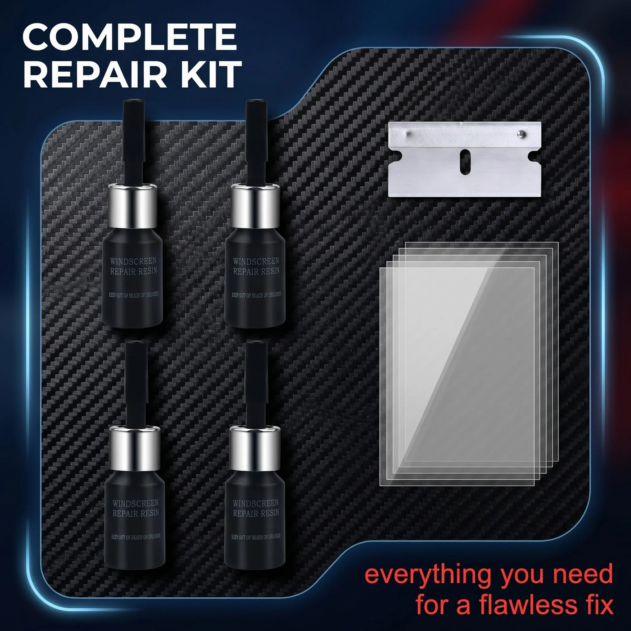 Kit Riparazione Parabrezza Auto 4 Pezzi Resina per Riparazione Cristalli con Pellicola Indurente e Lamette 4 x 3ml
