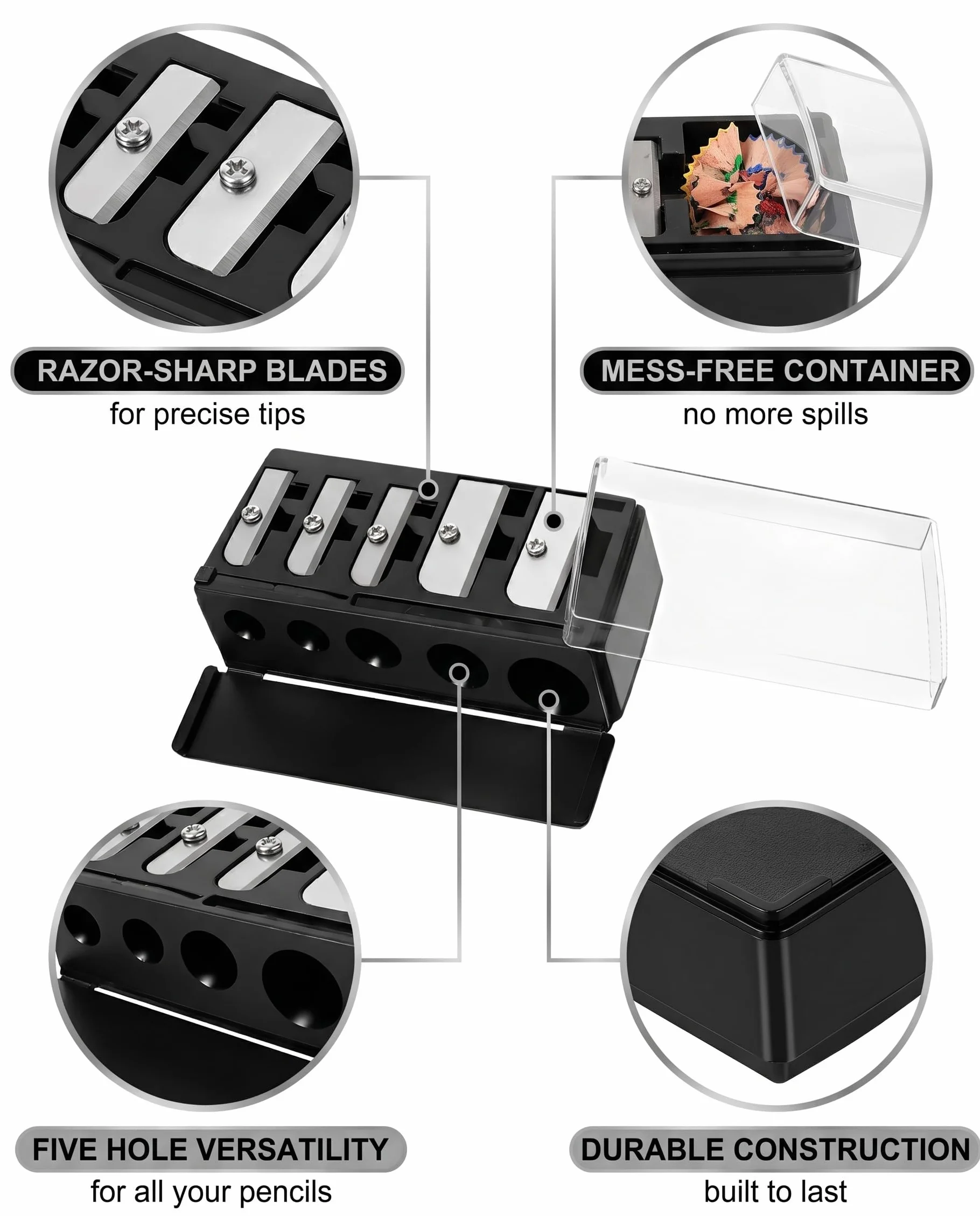 Temperino Cosmetico Nero Multi-Diametro con Lame di Precisione per Matite Sopracciglia Labbra Eyeliner