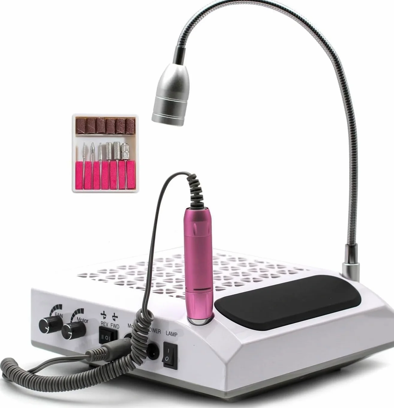 Fresa Unghie 4 in 1 Aspiratore da 60w e filtro lavabile con un Fresa Unghie Elettrico 30000 giri e Lampada Led 5w Bianco Freddo + kit 6 Punte