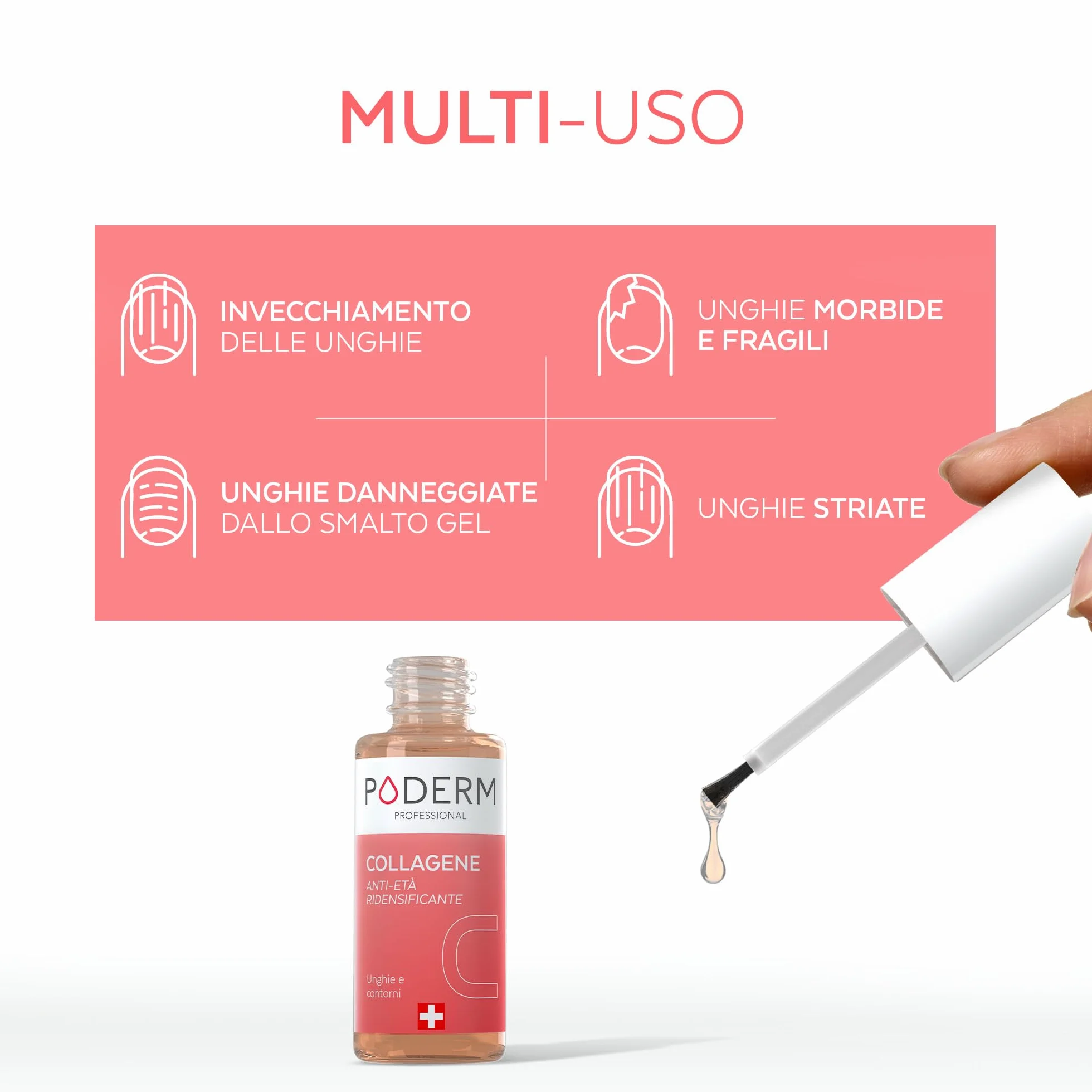 Poderm 5 in 1 Siero Booster Unghie - Collagene | Trattamento Ridensificante & Anti-Età per Unghie Indebolite - 6 ML | Idrata & Rafforza | 100% Naturale - Sviluppato da un Podologo in Svizzera