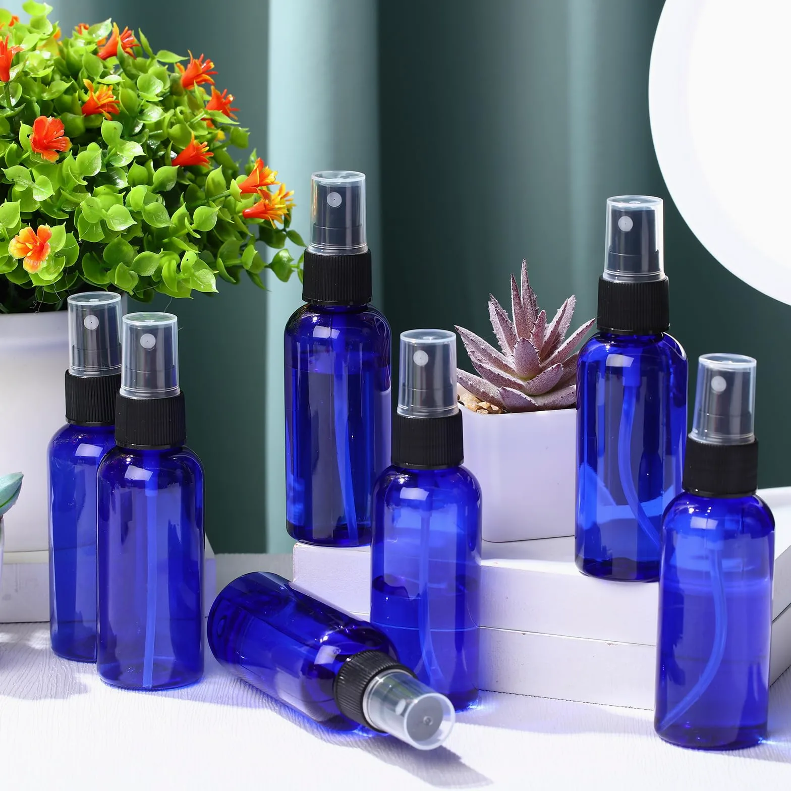 Zhehao 200 flaconi spray in plastica da 56,7 g, vuoti, per capelli, da viaggio, ricaricabili, con tappi a pompa a coste, per oli essenziali, profumi, cura della pelle, pulizia (blu)