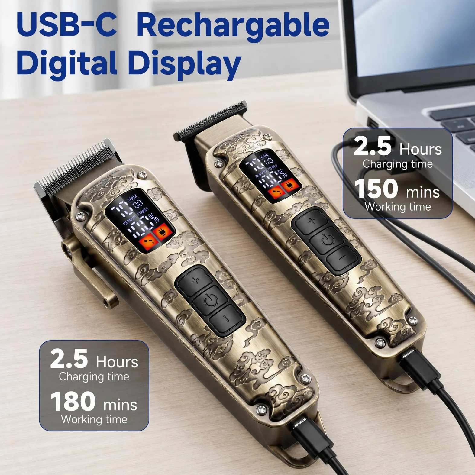Hatteker Kit per tagliare i capelli da uomo, con lama a T, senza fili, display a LED, ricaricabile tramite USB (bronzo) | Kit per regolabarba con lama a T, tagliacapelli, kit per toelettatura senza fili, LED, ricaricabile tramite USB