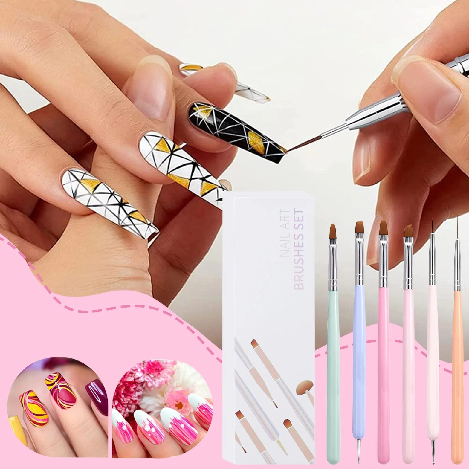 Set Di Pennelli Per Nail Arts, 6 Pezzi Pennelli Unghie Gel Per Design Su Unghie, Strumenti Penne Nail Arts, Set Di Strumenti Manicure A Doppia Testa, Pennellis French Liner Unghies, Per Disegno