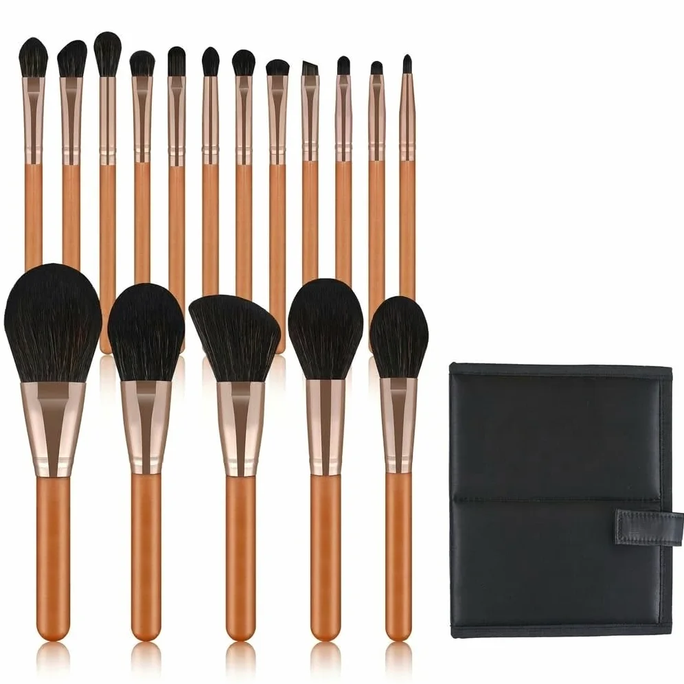 Set Pennelli Trucco 17 Pezzi, Manico, Fusto in metallo, Pennelli Trucco Oc, Sfumature, Per Estetiste, Set di 17 pennelli per trucco rosso acero con borsa pieghevole nera con coulisse