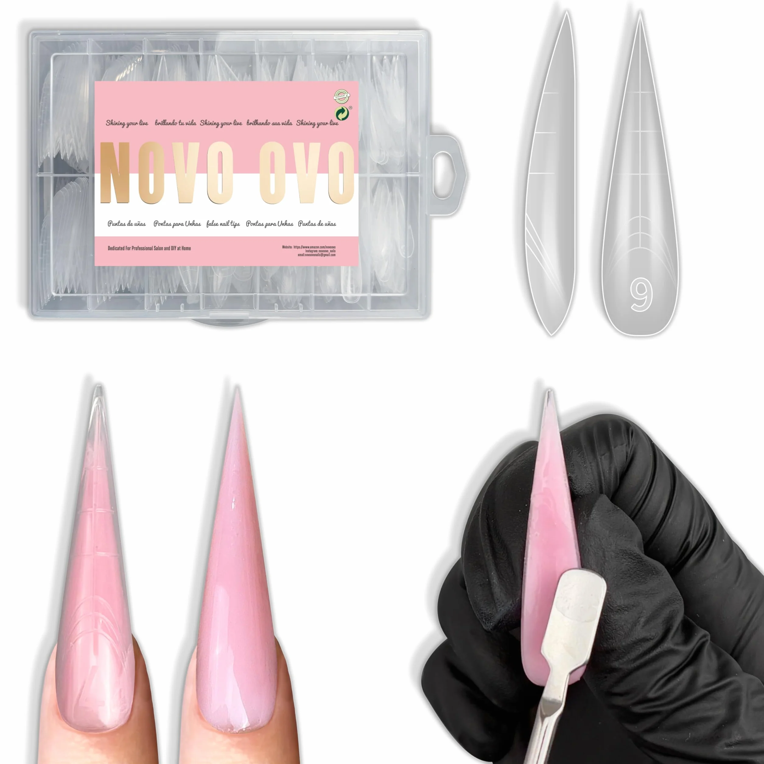 NOVO OVO Extra Long XXL - Confezione da 280 stampi per manicure fai da te, in acrilico riutilizzabile