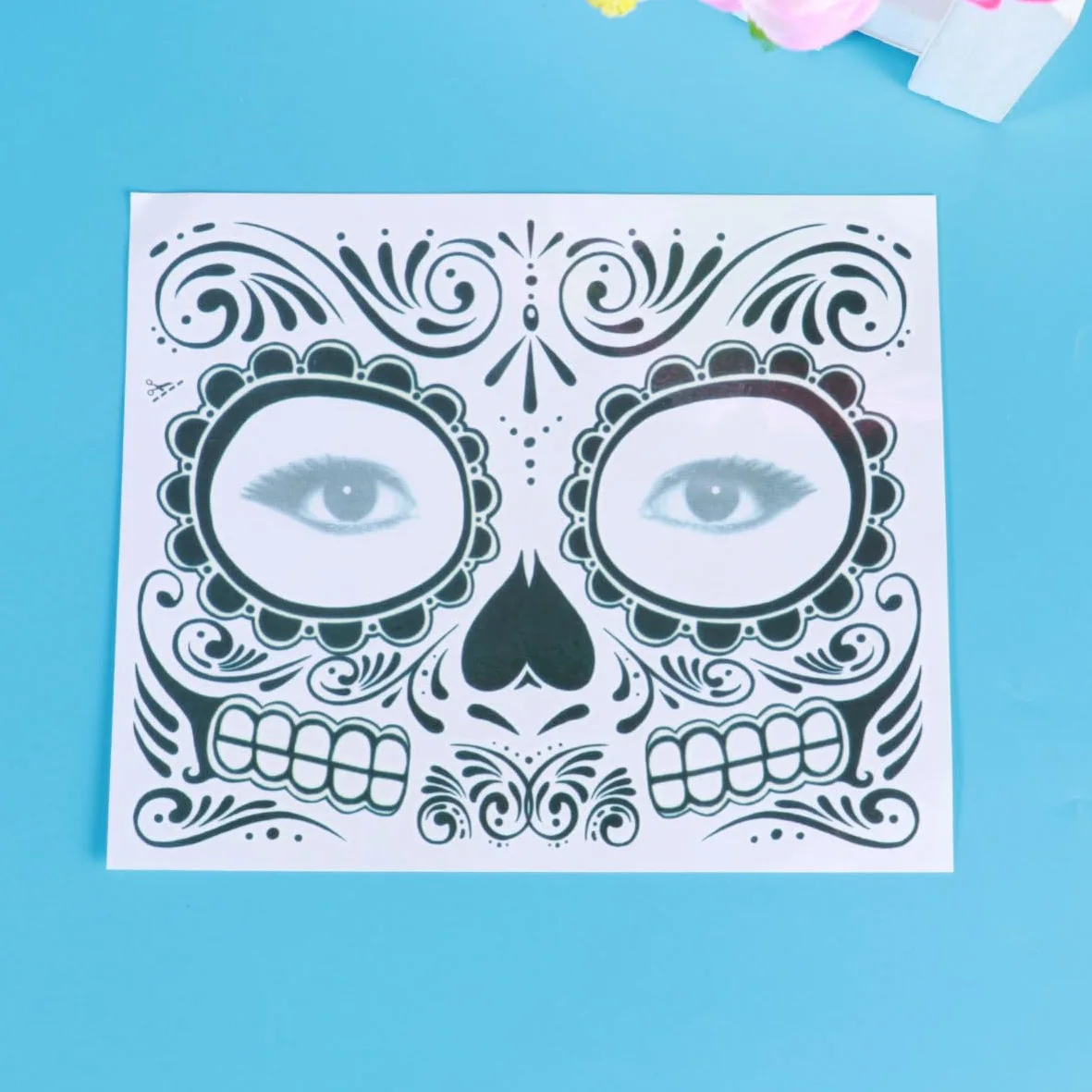 2 Pezzi Tatuaggi Temporanei Impermeabili per Halloween Tatuaggio Faccia Scheletro Nero in Carta Sicuro per Feste e Party Design T-007