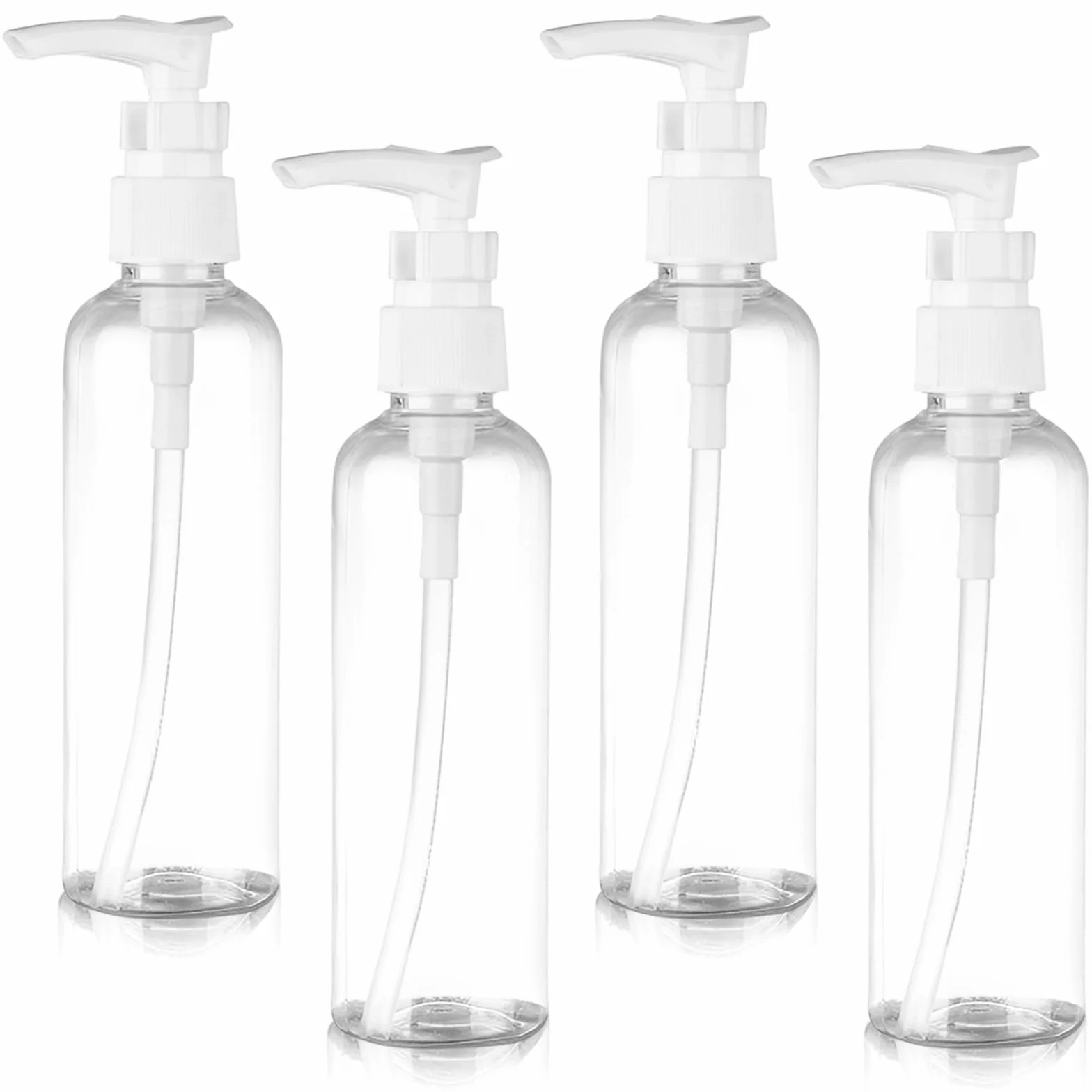 4 Pezzi Flaconi da Viaggio, 100 ml Bottiglie da Viaggio Trasparenti, Pompa da Viaggio in Plastica Dispenser, Boccette Contenitori Ricaricabile, per Lozione Emulsione Olio Pulizia Shampoo Gel Doccia
