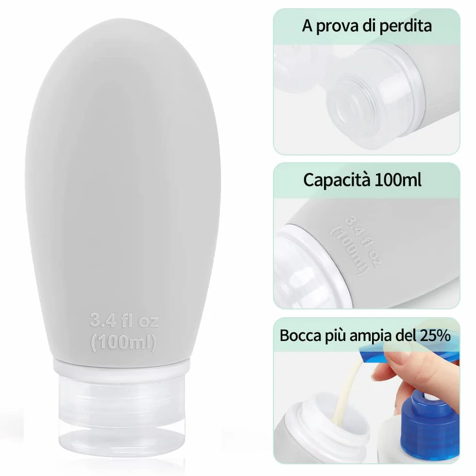 Opret Bottiglie da Viaggio 100ml in Silicone, 3 Pezzi Kit Contenitori da Viaggio Flaconi con Custodia per Shampoo, Liquidi and Lozione, Nessun BPA