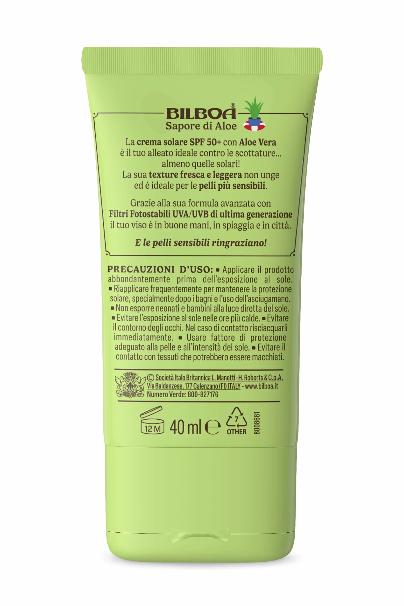 Bilboa Sapore di Aloe Crema Solare Viso SPF 50+ 40 ml Resistente all’Acqua Pelli Sensibili