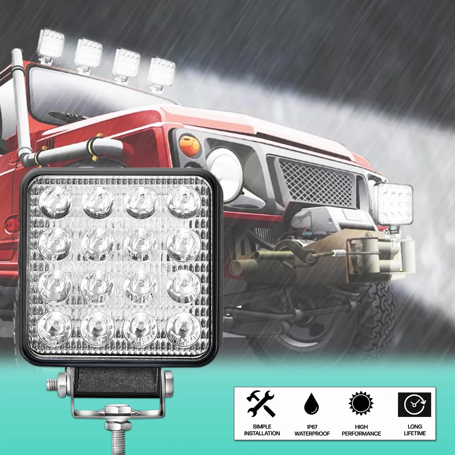 Fari Trattore 12V 48W 16 LED 6500K IP67 10.5 cm Alluminio ABS 4 Pezzi