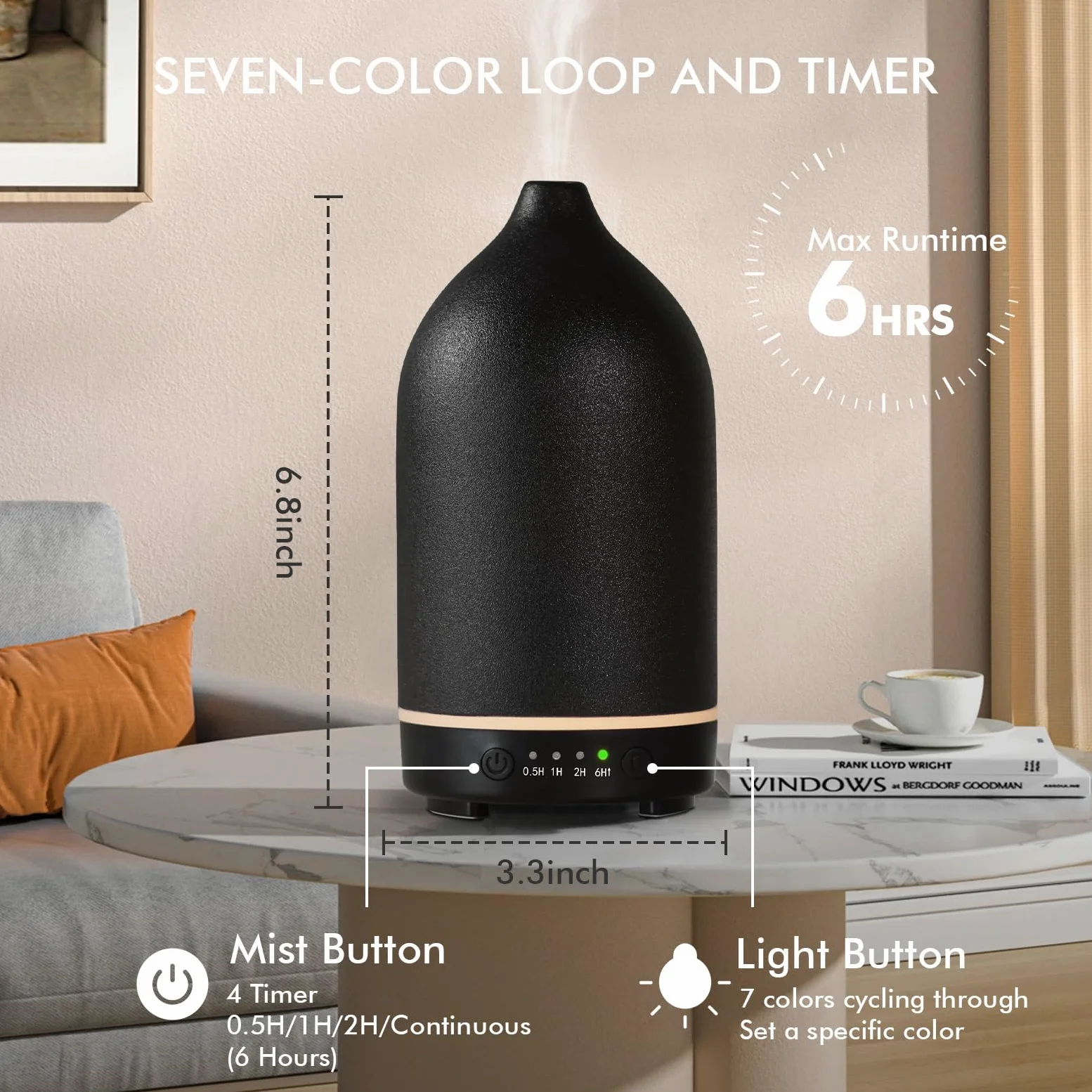 Diffusore di oli essenziali in ceramica, diffusore per aromaterapia da 150 ml, per oli essenziali, con timer e luce LED a 7 colori, diffusore di aromi ad ultrasuoni, con spegnimento automatico
