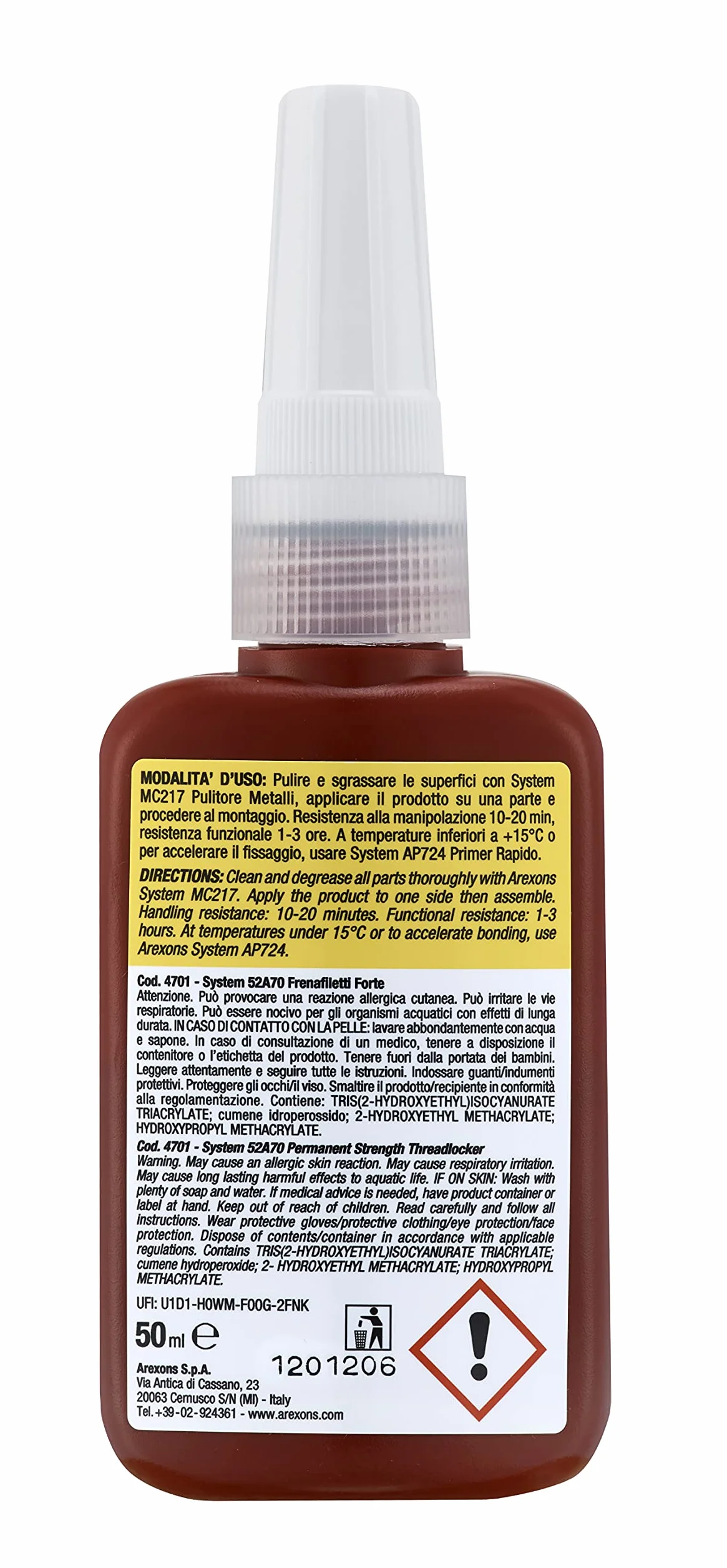 AREXONS 267200400 System 52A70 Frenafiletti Forte 50 ml, Frete a Bassa viscoità, Frenatura Permanente di prigionieri, Dadi e bulloni Non soggetti a smontaggio, Elimina allentamenti