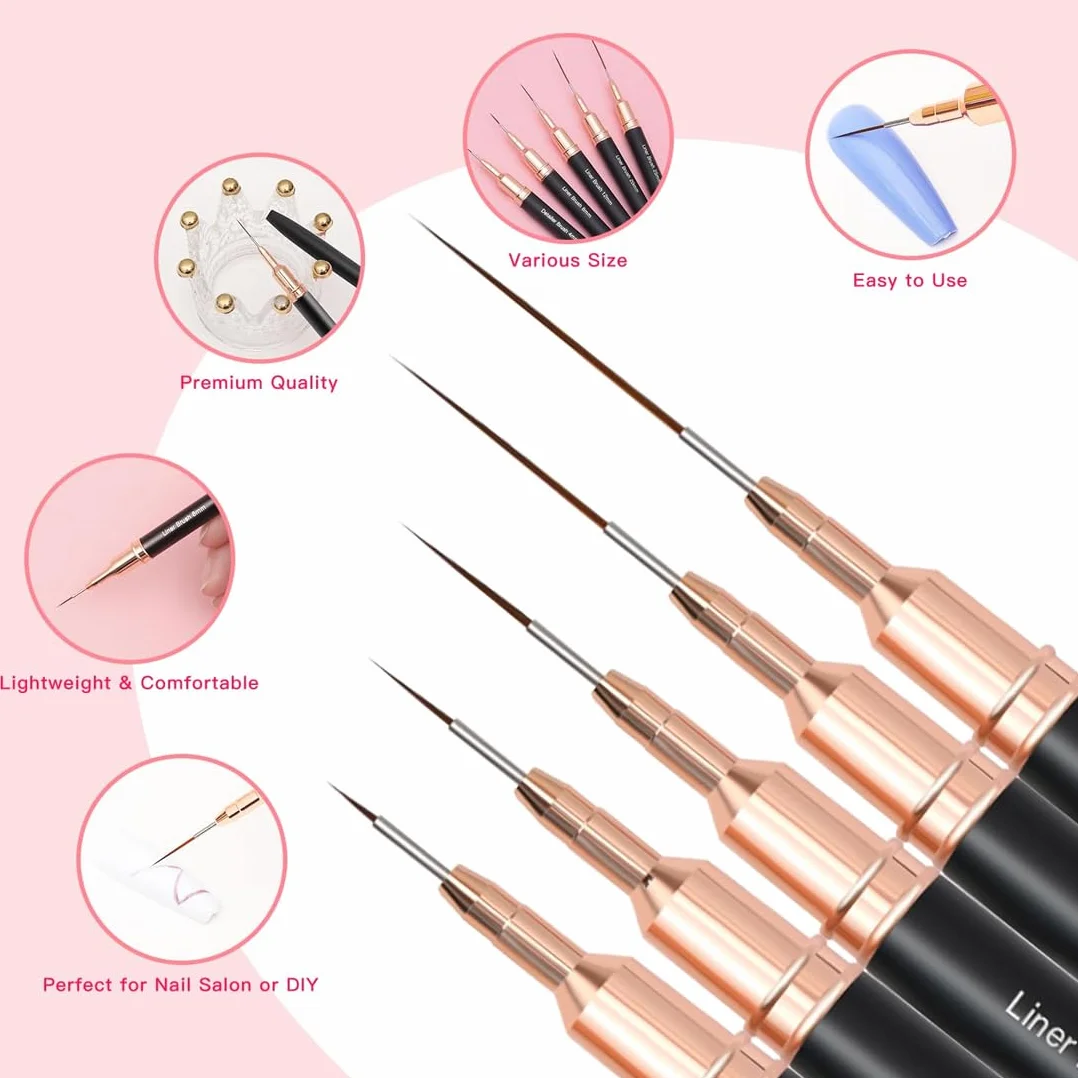 5 Pezzi Pennelli Per Unghie,Pennello Sottile Nail Art Pennelli Set,Pennelli Per Nail Art,Per Disegnare Linee Fini Attrezzo(Nero,7/9/11/15/25 Mm)