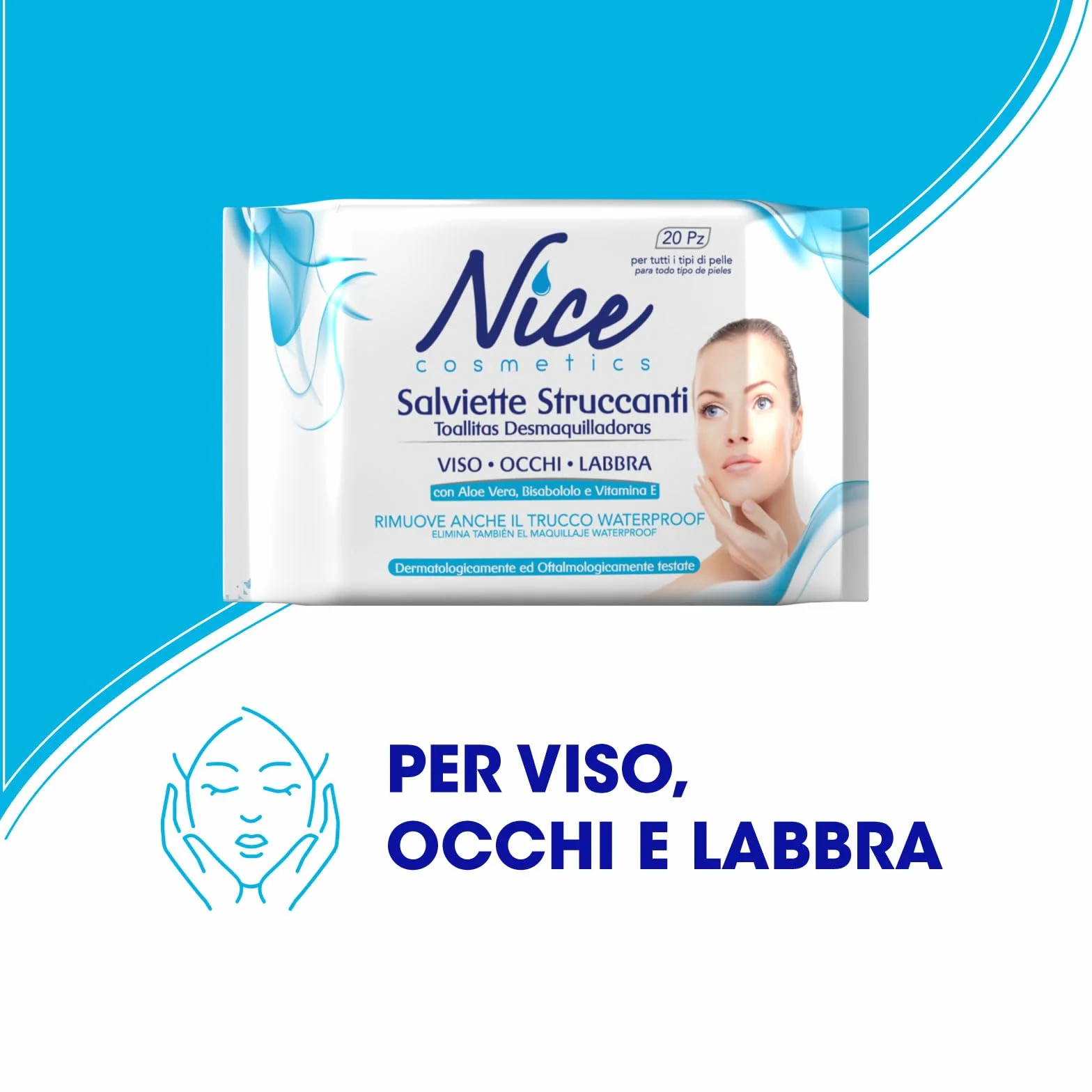 Nice Salviette Struccanti per Viso, Occhi e Labbra, con Aloe Vera, Bisabololo e Vitamina E, Dermatologicamente e Oftalmologicamente Testate, Confezione Tascabile da 20 Salviette