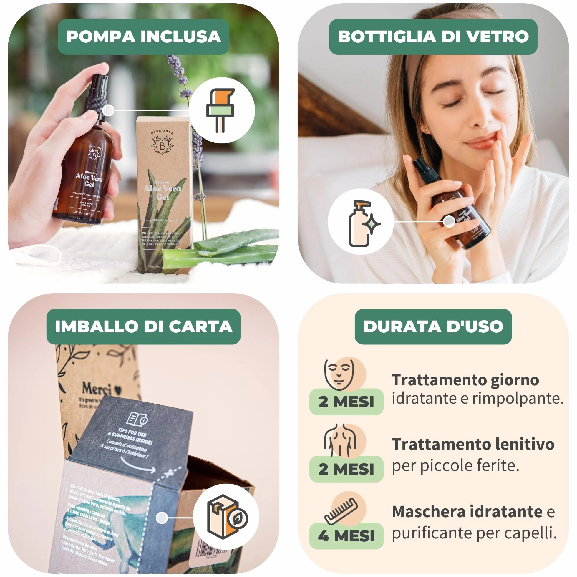 BIONOBLE Aloe Vera Gel Puro Biologico 97% con Olio Essenziale di Lavanda Idrata Lenisce 100ml Bottiglia Vetro Pompa