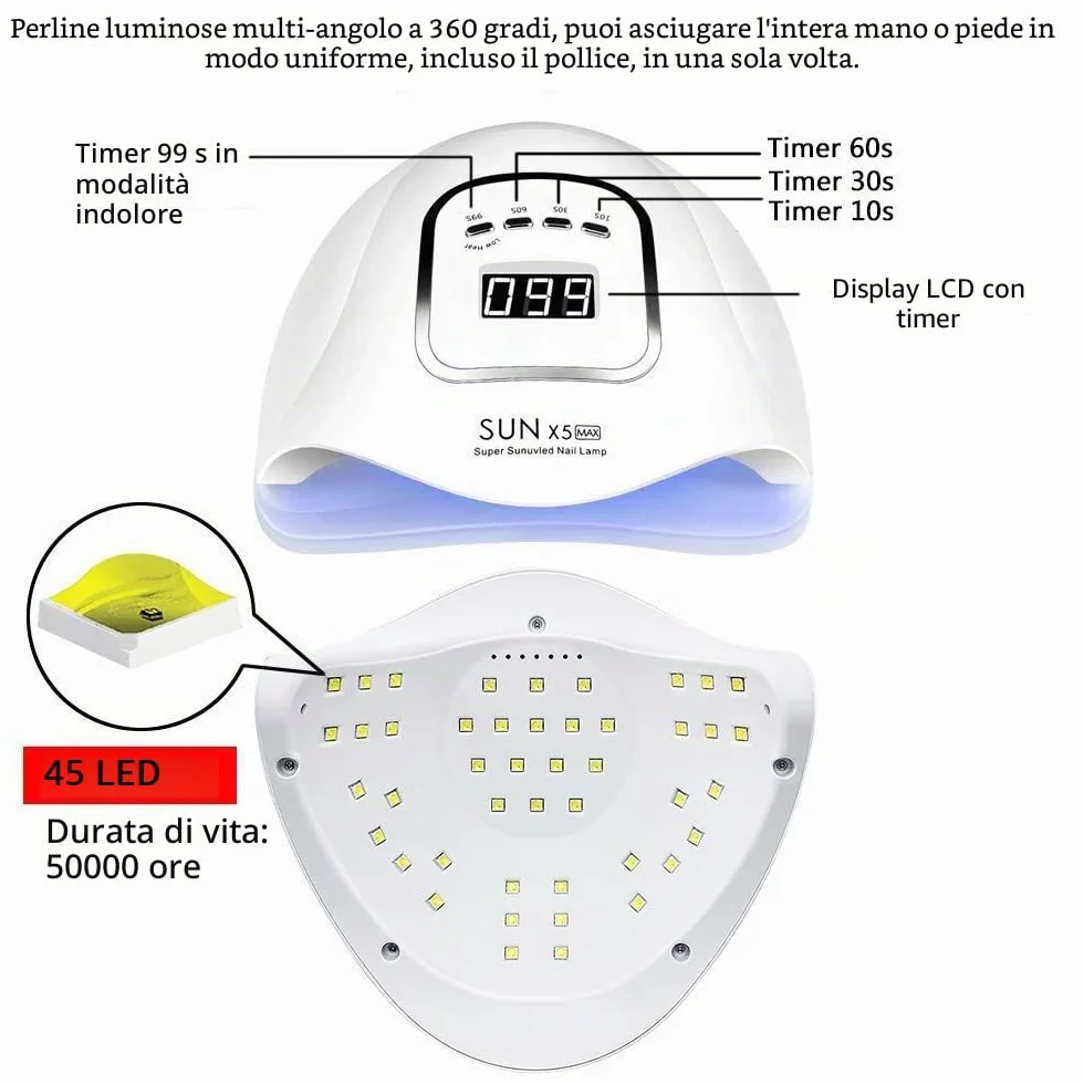 Lampada unghie LED UV da 150 W, lampada UV LED per unghie in gel, con timer 10s/30s/60s/99s, sensore infrarossi, display LCD