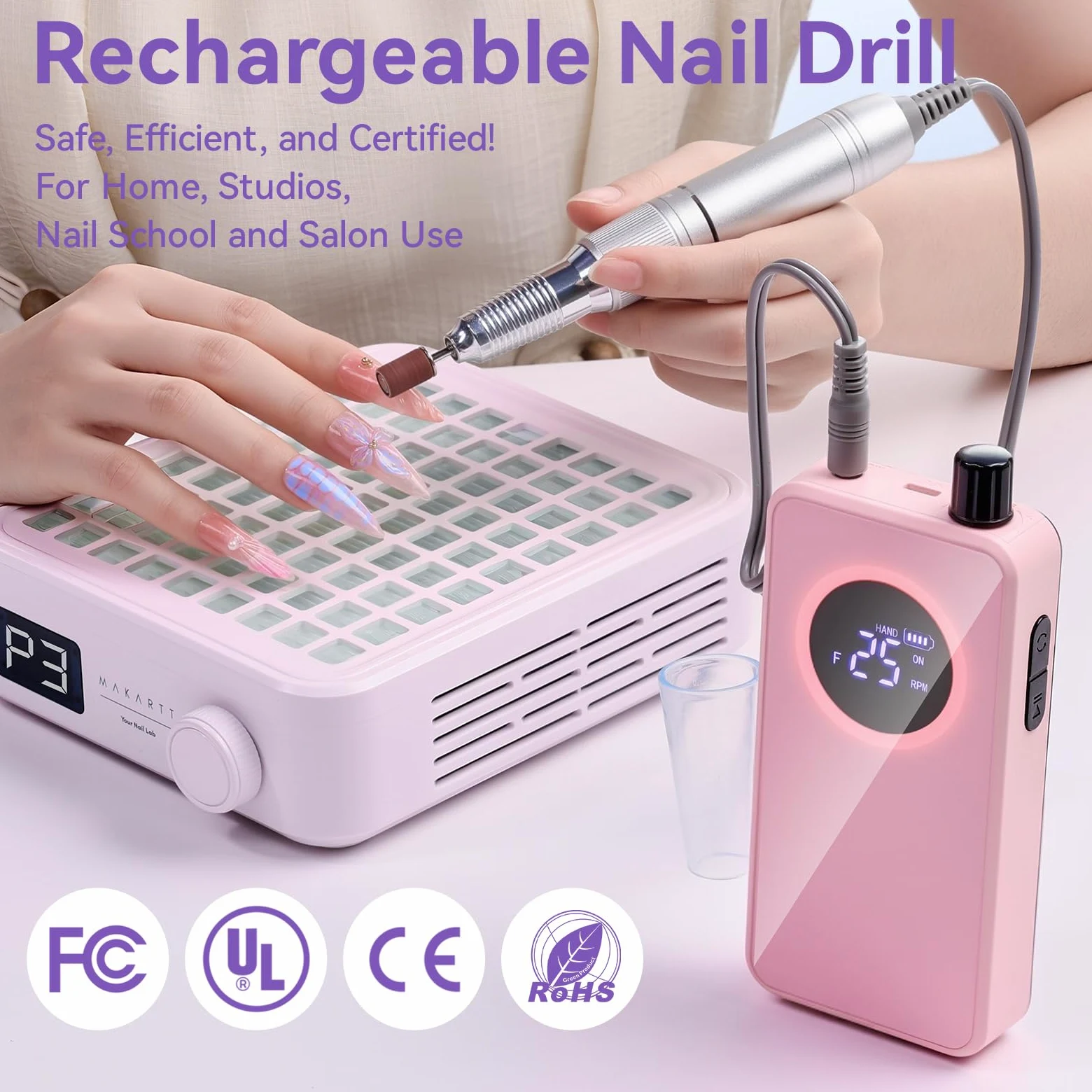 Makartt Fresa per unghie – Ricaricabile Professionale Fresa Chiodi da 35000 giri/min, set di lima elettrica per unghie e lima elettronica per vernice acrilica a immersione in polvere e gel, silenziosa