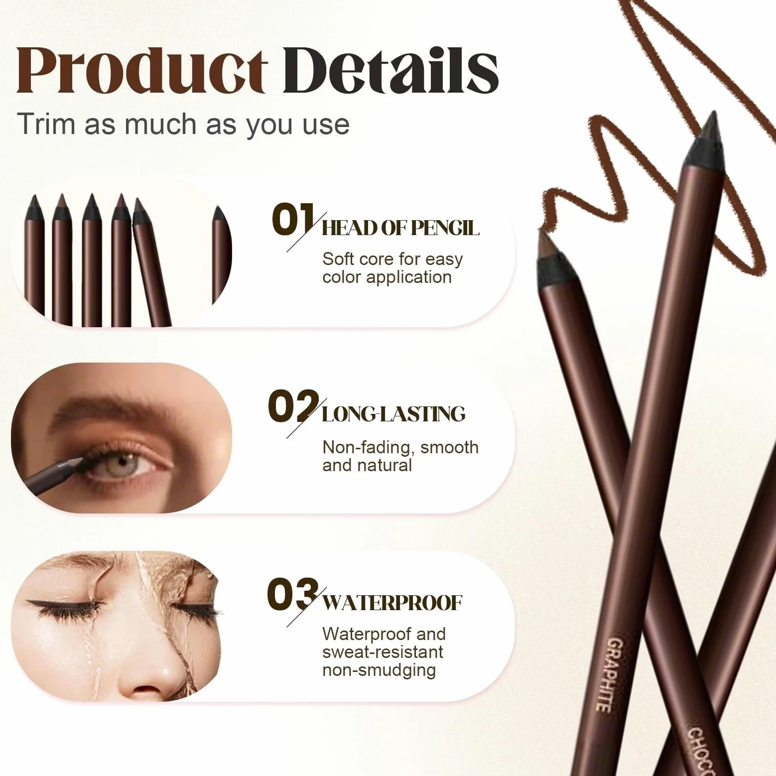 Matita eyeliner waterproof, 2025 Nuovo eyeliner duo waterproof 24 ore, matita occhi temperabile, senza sbavature, non sbiadisce, liscia e facile da colorare con 100 bastoncini di cotone.(Mix 7PCS)