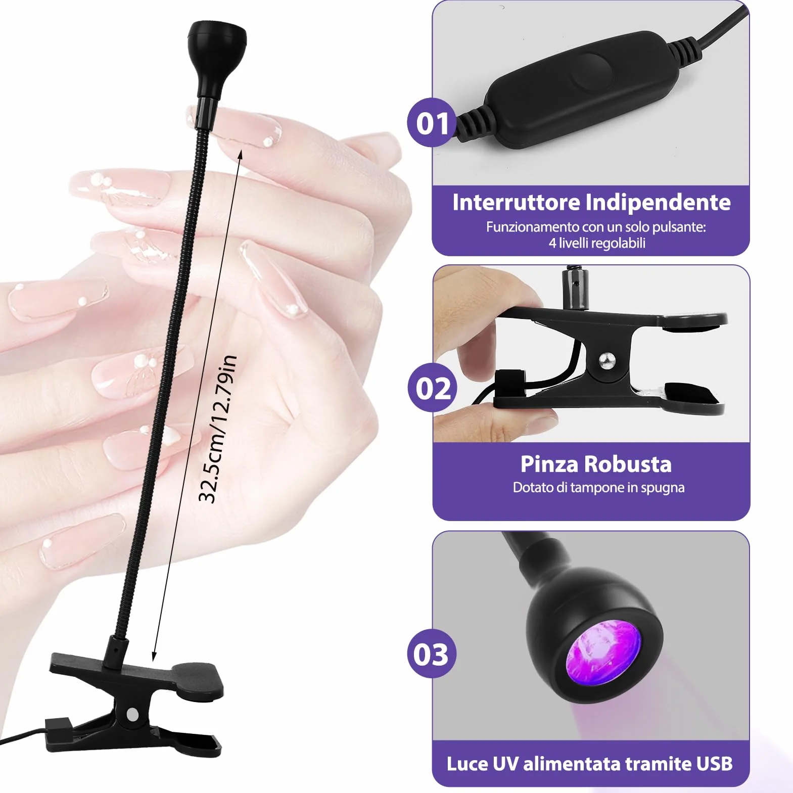 Lampada UV LED Unghie 5W Mini Portatile con Clip, 360° Testa Regolabile per Gel Resina Colla UV, USB Nero