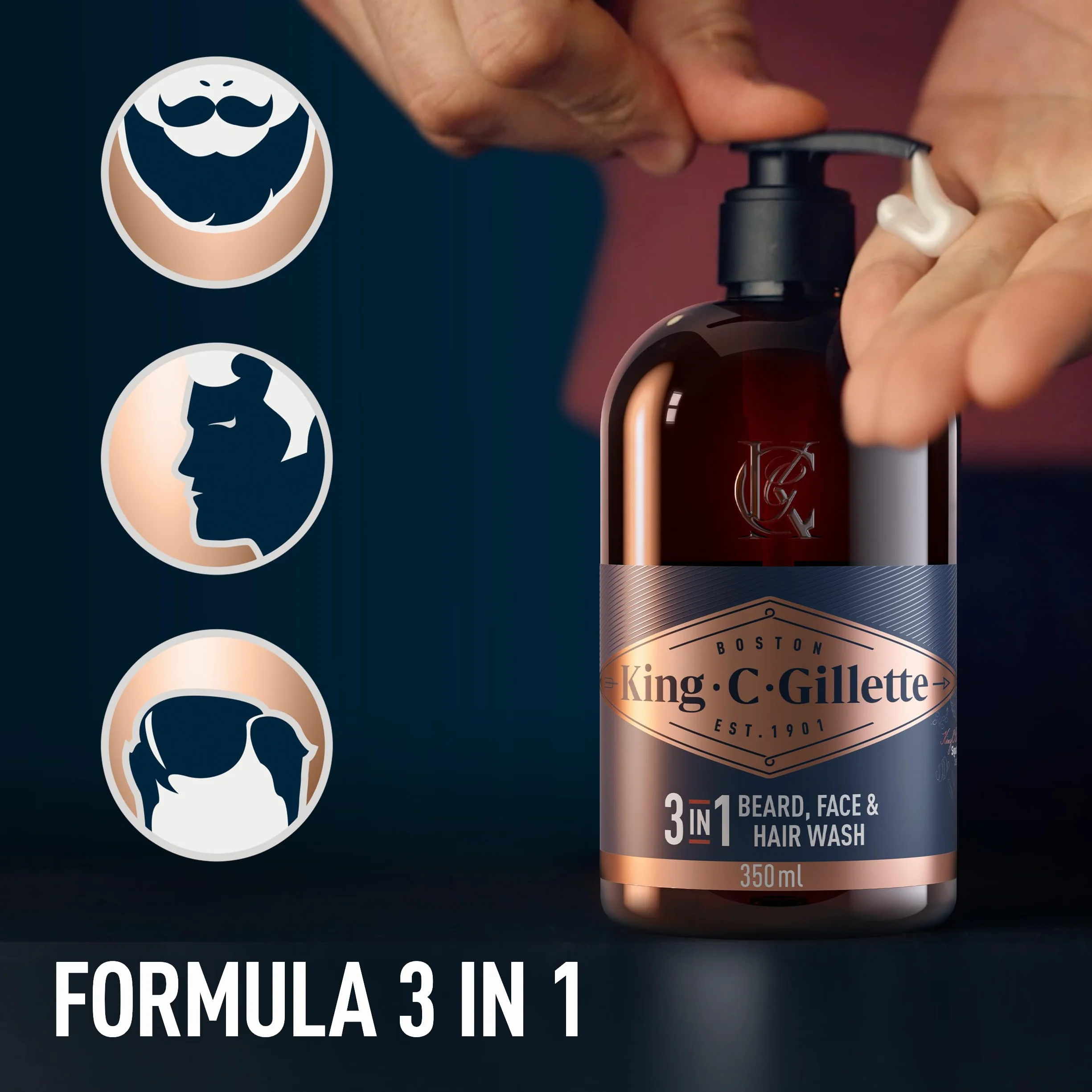 King C. Gillette Detergente Viso Uomo 3 in 1, Sapone Barba, Viso e Capelli, Pulizia e Freschezza, Profumazione King C., Cura della Barba, Idea Regalo Uomo
