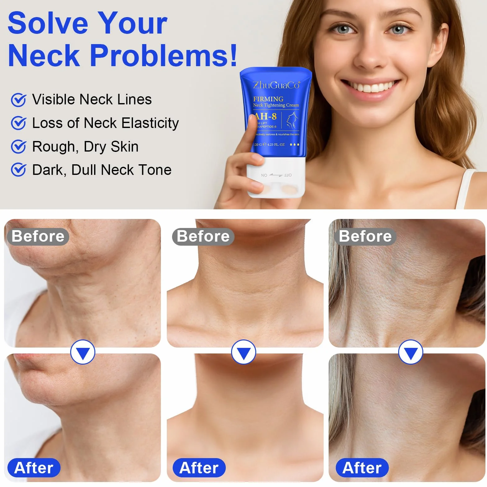 AH-8 Crema Rassodante per il Collo,120g Crema Rassodante per il Collo all'Esapeptide con Rullo, Idratante, Anti-Rughe, Riduce Rughe, Linee Sottili e Doppio Mento, Effetto Liftante