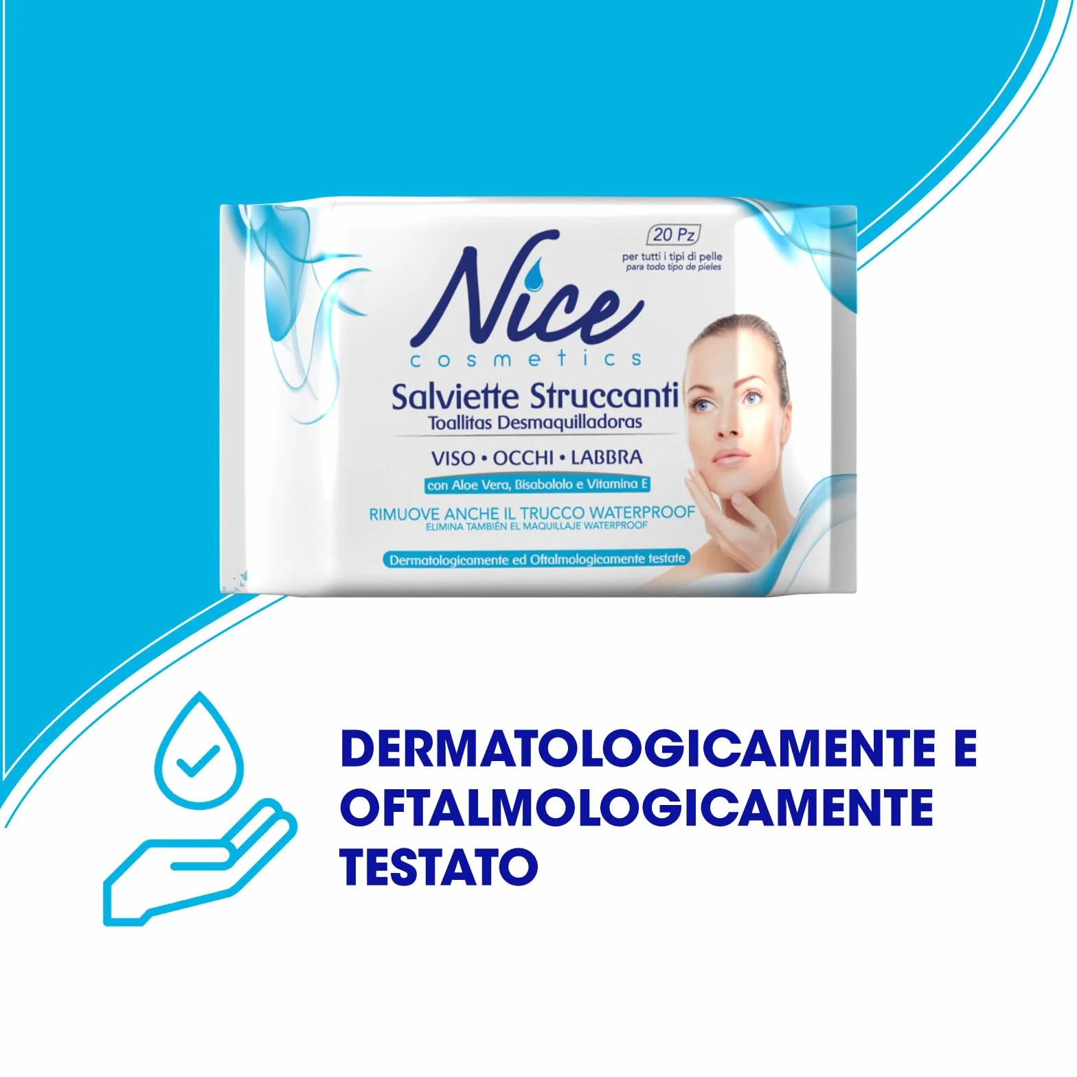 Nice Salviette Struccanti per Viso, Occhi e Labbra, con Aloe Vera, Bisabololo e Vitamina E, Dermatologicamente e Oftalmologicamente Testate, Confezione Tascabile da 20 Salviette