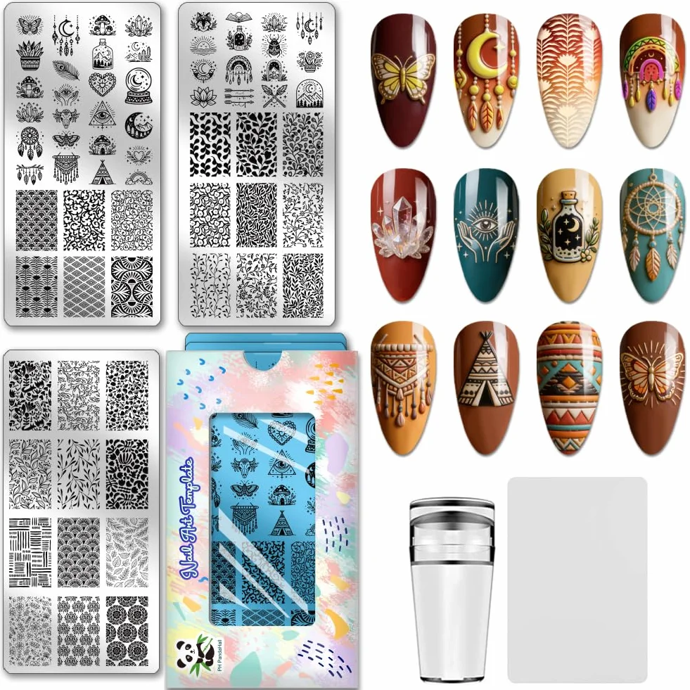 PH PandaHall Set di 3 stencil per nail art, stile bohémien, acchiappasogni, piume, cristalli, luna, stella, unghie, stampini, fiori, foglie, stampini per unghie, per donne, fai da te, manicure, design