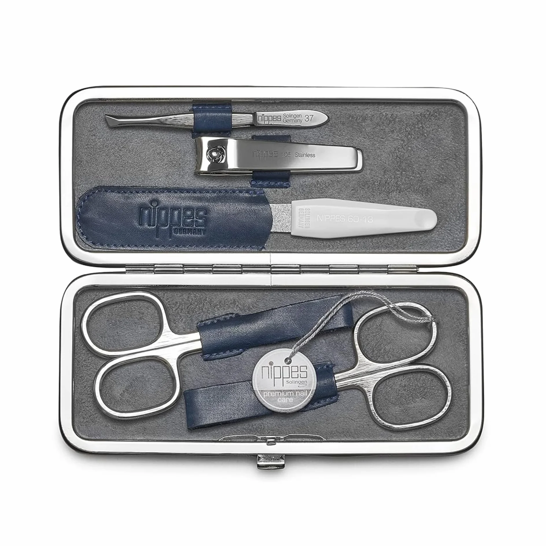 Nippes Solingen Manicure Set Vintage 5 Pezzi Astuccio Cuoio Bovino Antico Strumenti Nichelati Made in Germany
