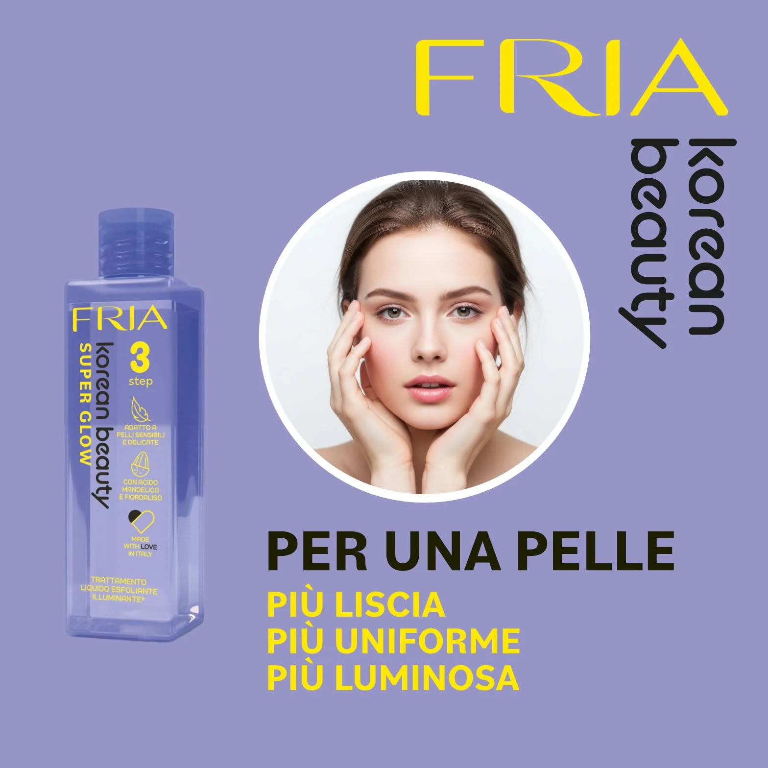 Fria Korean Beauty Trattamento Liquido Esfoliante Illuminante Super Glow, Adatto a Pelli Sensibili e Delicate, Con Acido Mandelico e Fiordaliso, Confezione da 150ml
