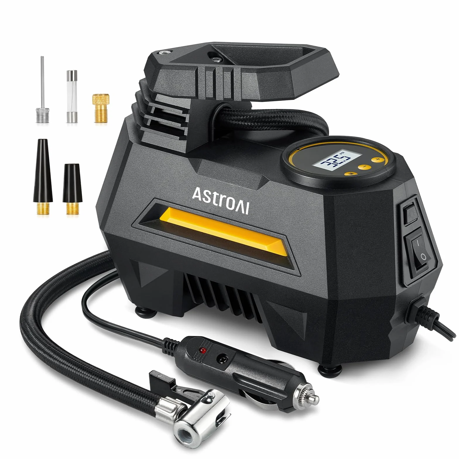 AstroAI Compressore Aria Portatile 12V, Mini Pompa Elettrica per Bicicletta Moto, Digitale con Manometro LED, 3M Cavo