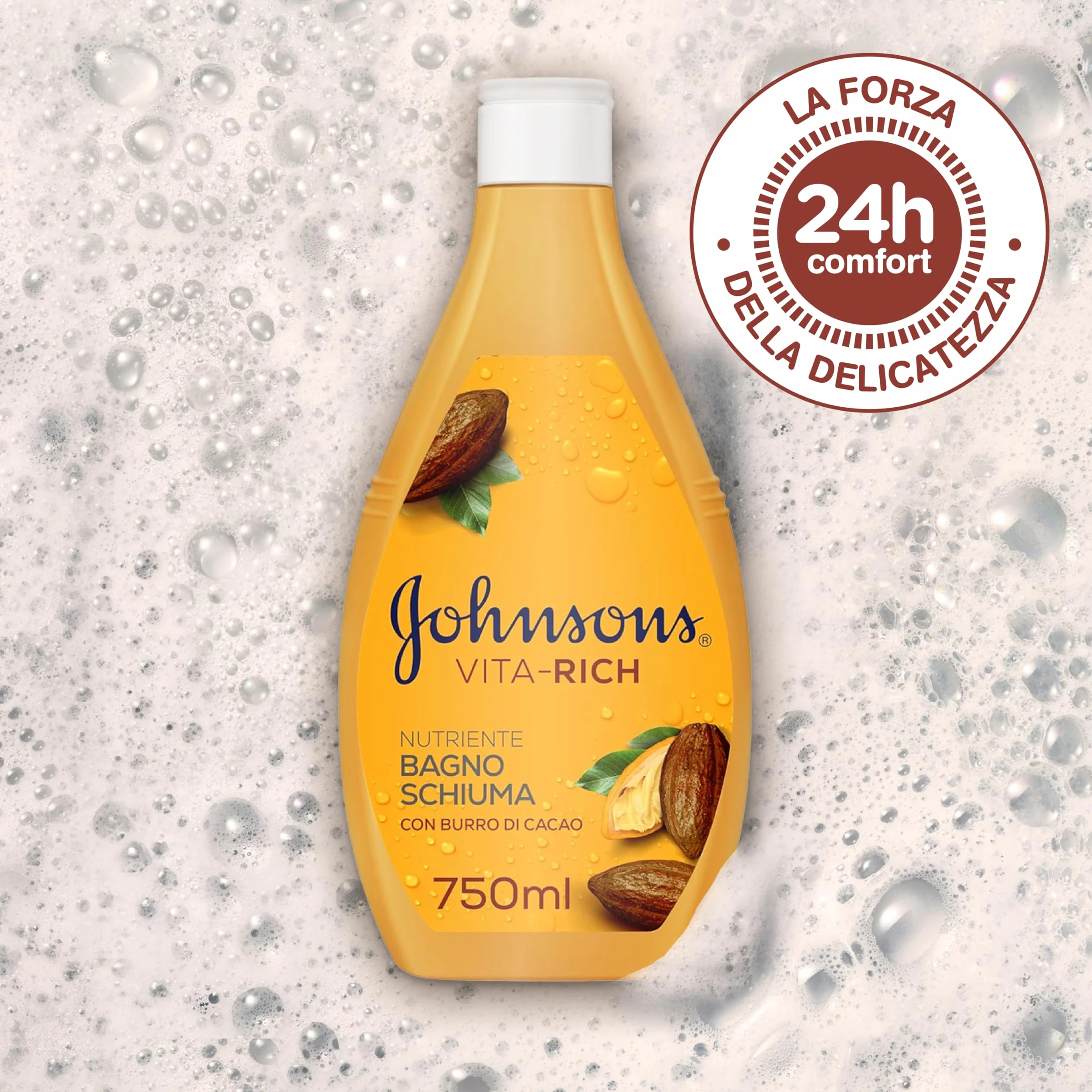 Johnson's Vita-Rich Bagnoschiuma Nutriente, Bagnodoccia con Burro di Cacao e Glicerina di origine vegetale, Docciaschiuma delicato e idratante per una pelle profumata e dall'aspetto sano, 750 ml