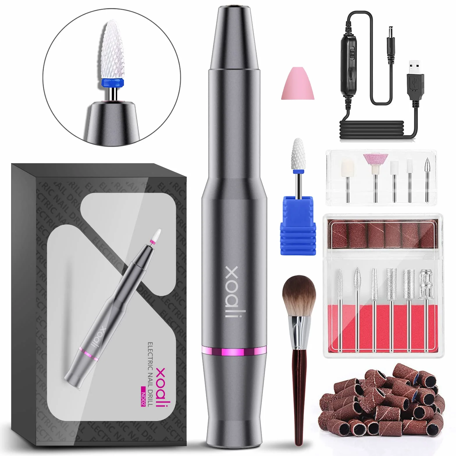 Xoali Fresa per Unghie 25000RPM Lima Elettrica 12 in 1 Professionale Portatile con Punta in Ceramica Velocità Regolabile Kit Manicure Pedicure