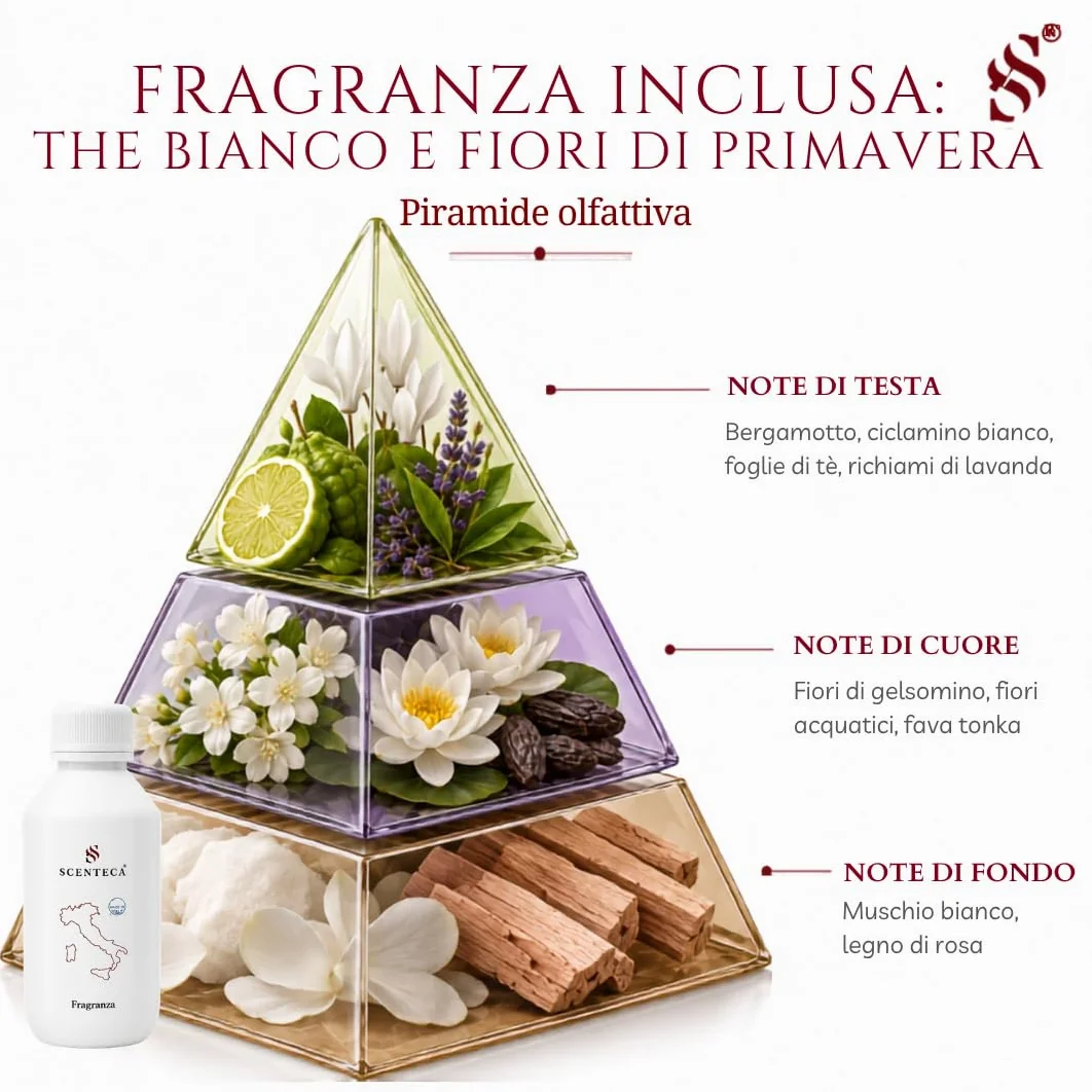 SCENTECA Diffusore elettrico Mod. AD-P7 di oli essenziali a nebulizzazione, con fragranza Tè Bianco e Fiori di Primavera inclusa, copre fino a 300 mq, per casa e ufficio (100 ml)