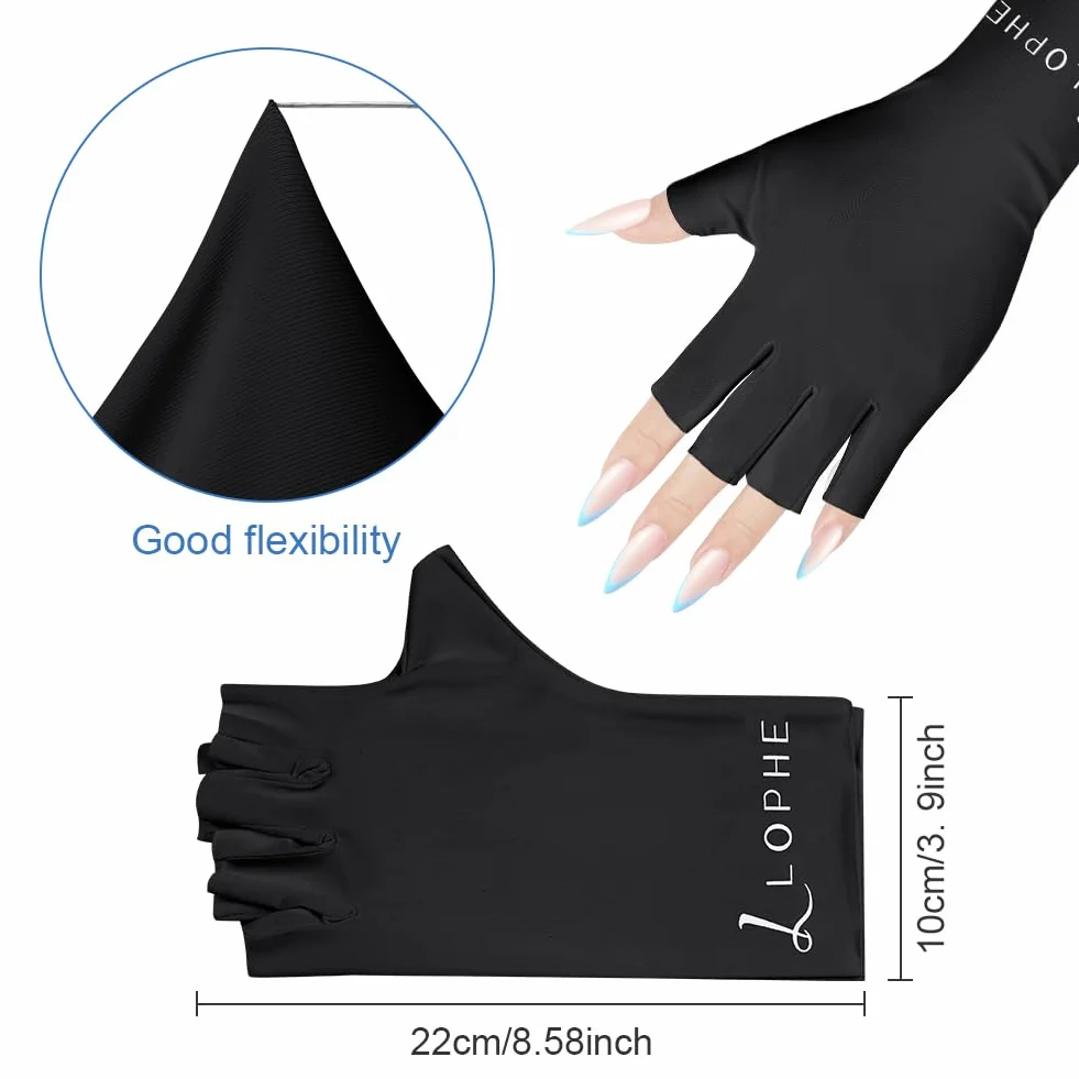 LOPHE Guanti UV per Unghie in Gel, 1 Paia UPF200+, Anti Raggi UV e UVB 999+, per Lampada per Unghie, Guanti Senza Dita per Manicure Nail Art Fai Da Te e Salone, Golf, Pesca(Nero)