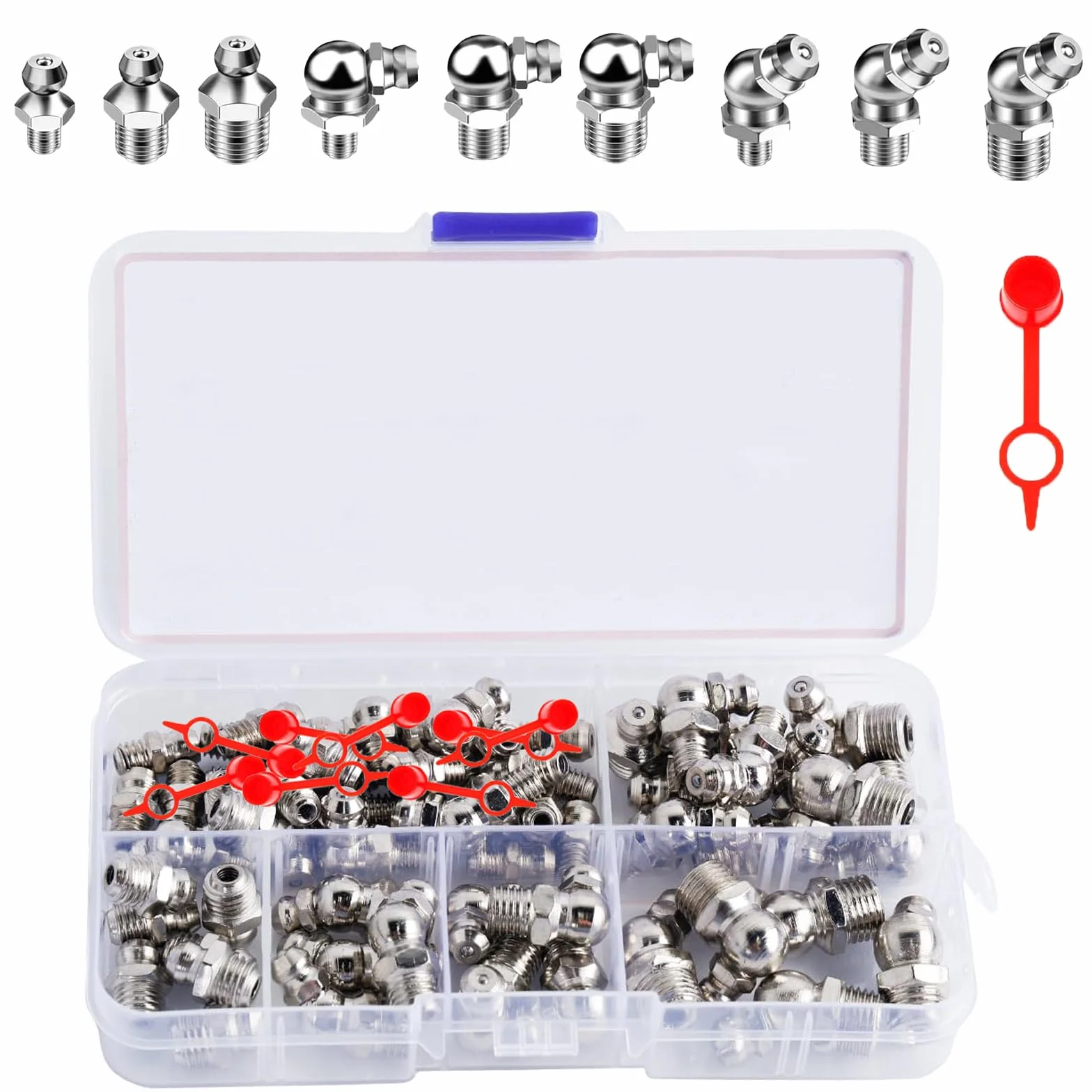 Set di Ingrassatori M6 M8 M10 60 Pezzi Raccordo in Metallo Dritto Angolato 45° 90° Tappo