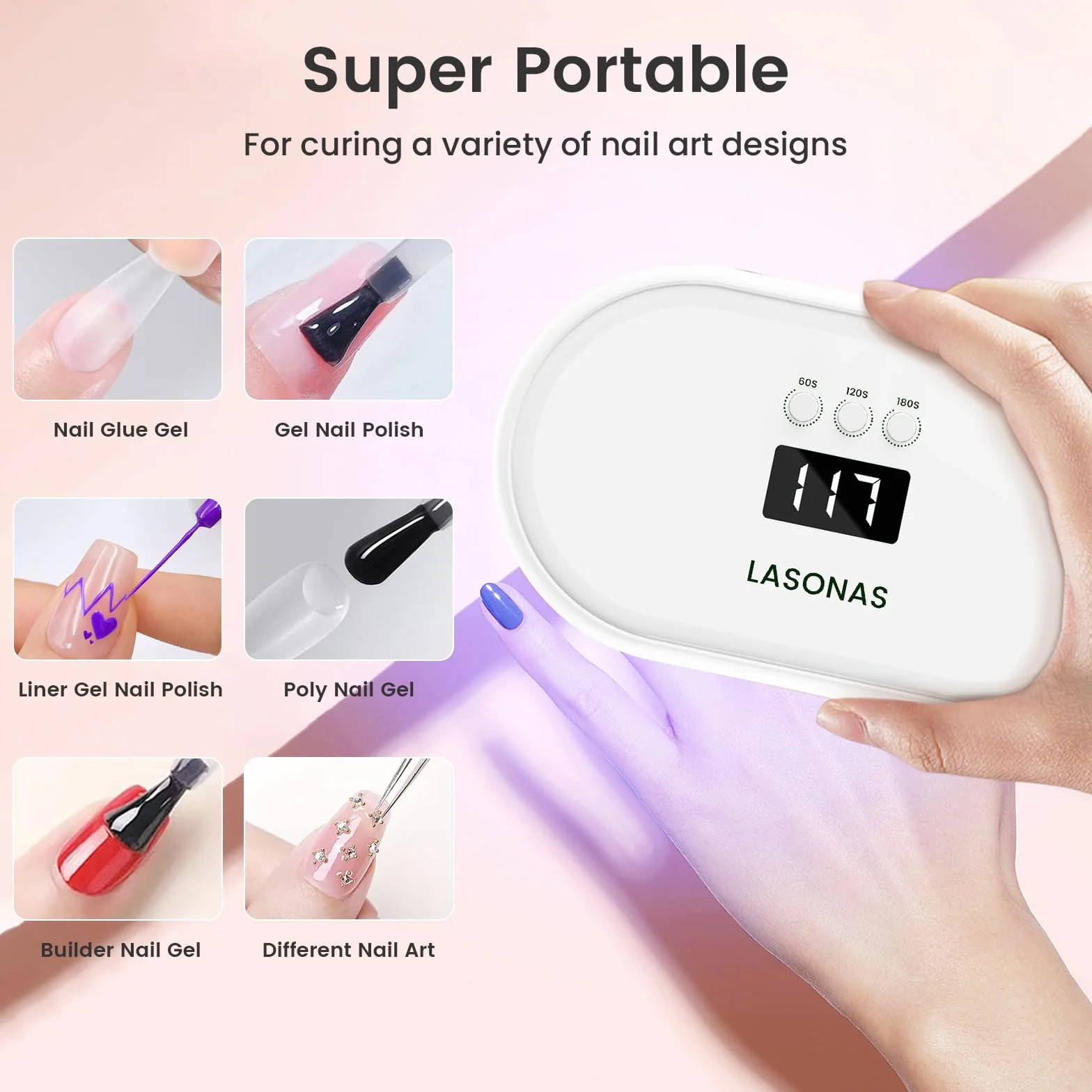 LASONAS Lampada UV LED per unghie per smalto gel 24 W Luce UV 3 Impostazioni timer asciugatura rapida polimerizzazione mini lampada portatile per adesivi e strisce gel salone di cura delle unghie per