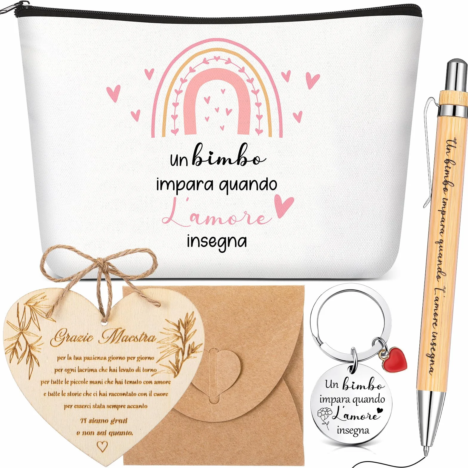 Jadive Set Regalo Maestra Fine Anno Borsa per Cosmetici Portachiavi Biglietto di Ringraziamento a Forma di Cuore in Legno Penna a Sfera in Legno Regalo Creativo Addio per Insegnante