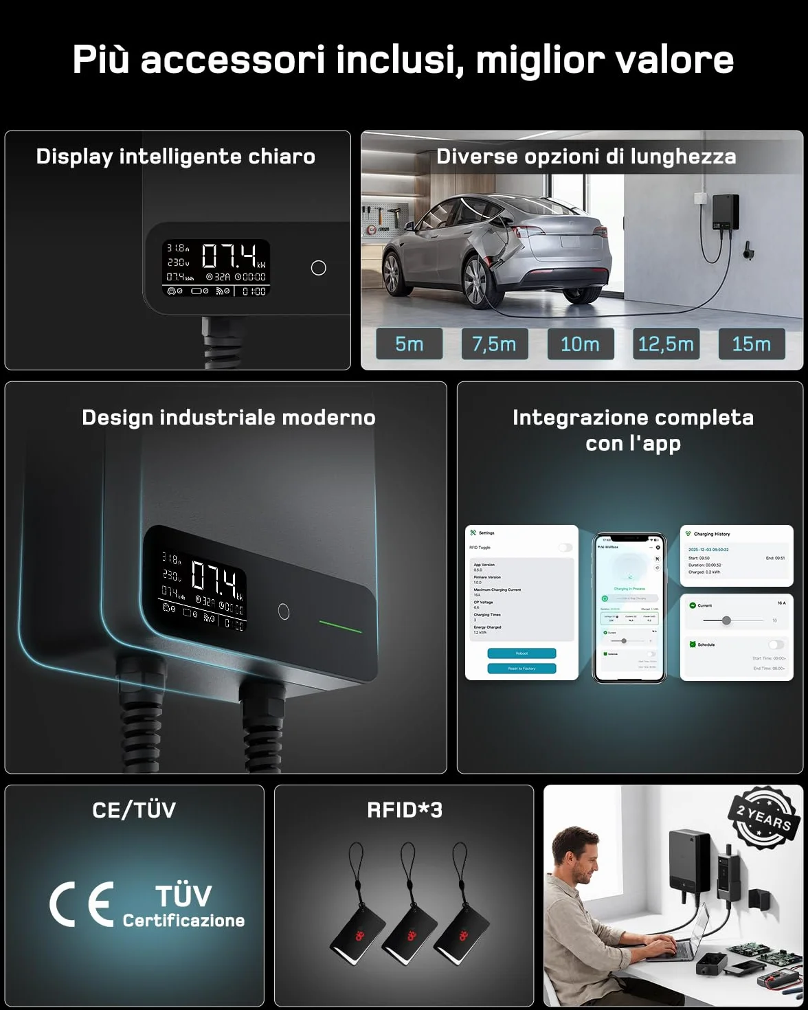 Wallbox 7,4 kW Tipo 2 con App, Cavo 7,5m, RFID, Monofase 6-32A 230V, 7kW, IP54, Nero