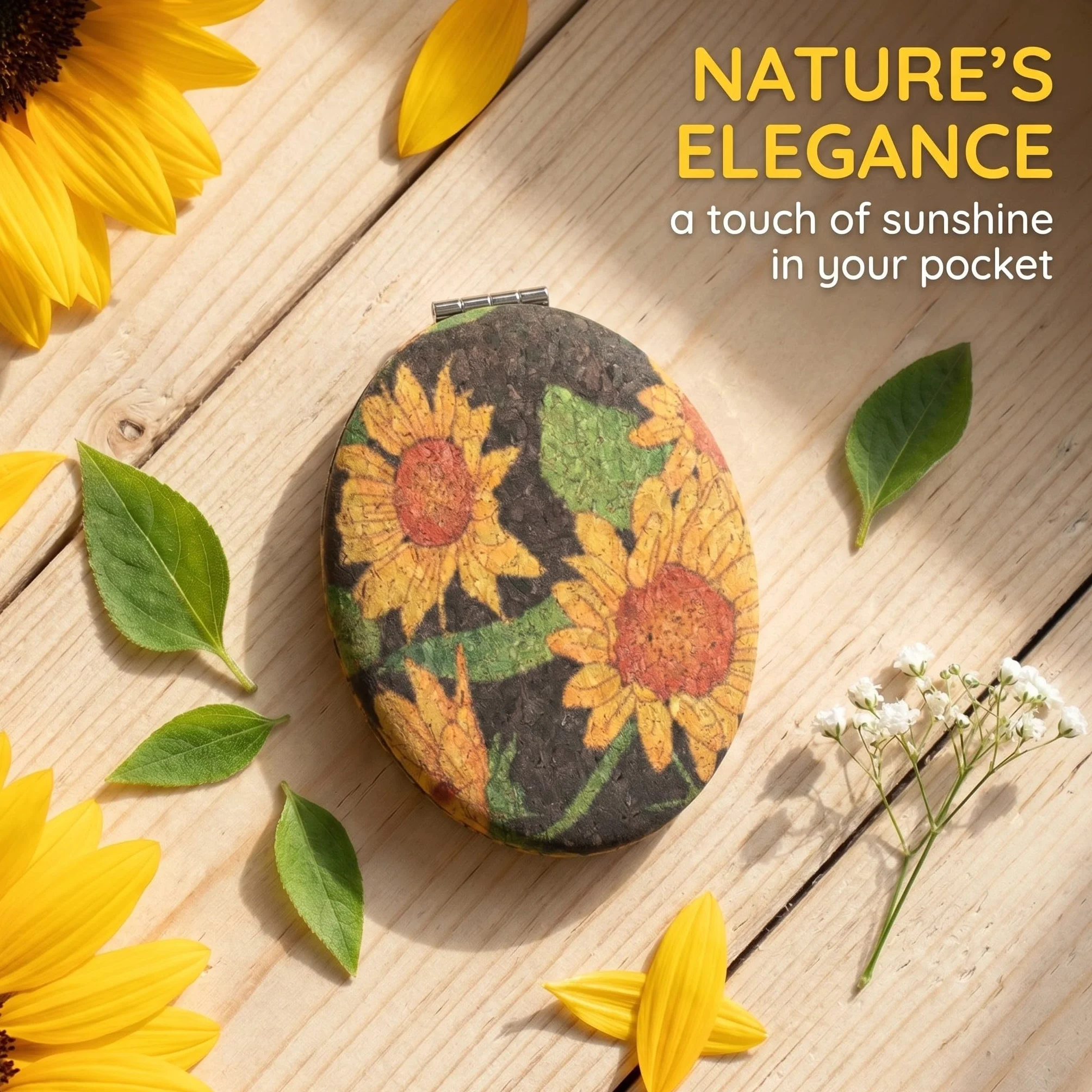 Specchio da Borsa Pieghevole con Girasole, Specchietto Trucco Portatile Vintage in Metallo e Vetro, Nero e Giallo