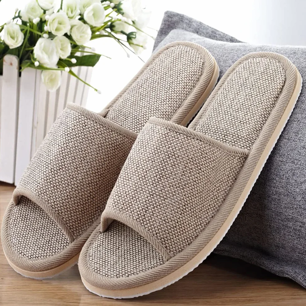 Set di 6 paia di pantofole in lino, per ospiti, con punta aperta, pantofole da bagno, antiscivolo, lavabili